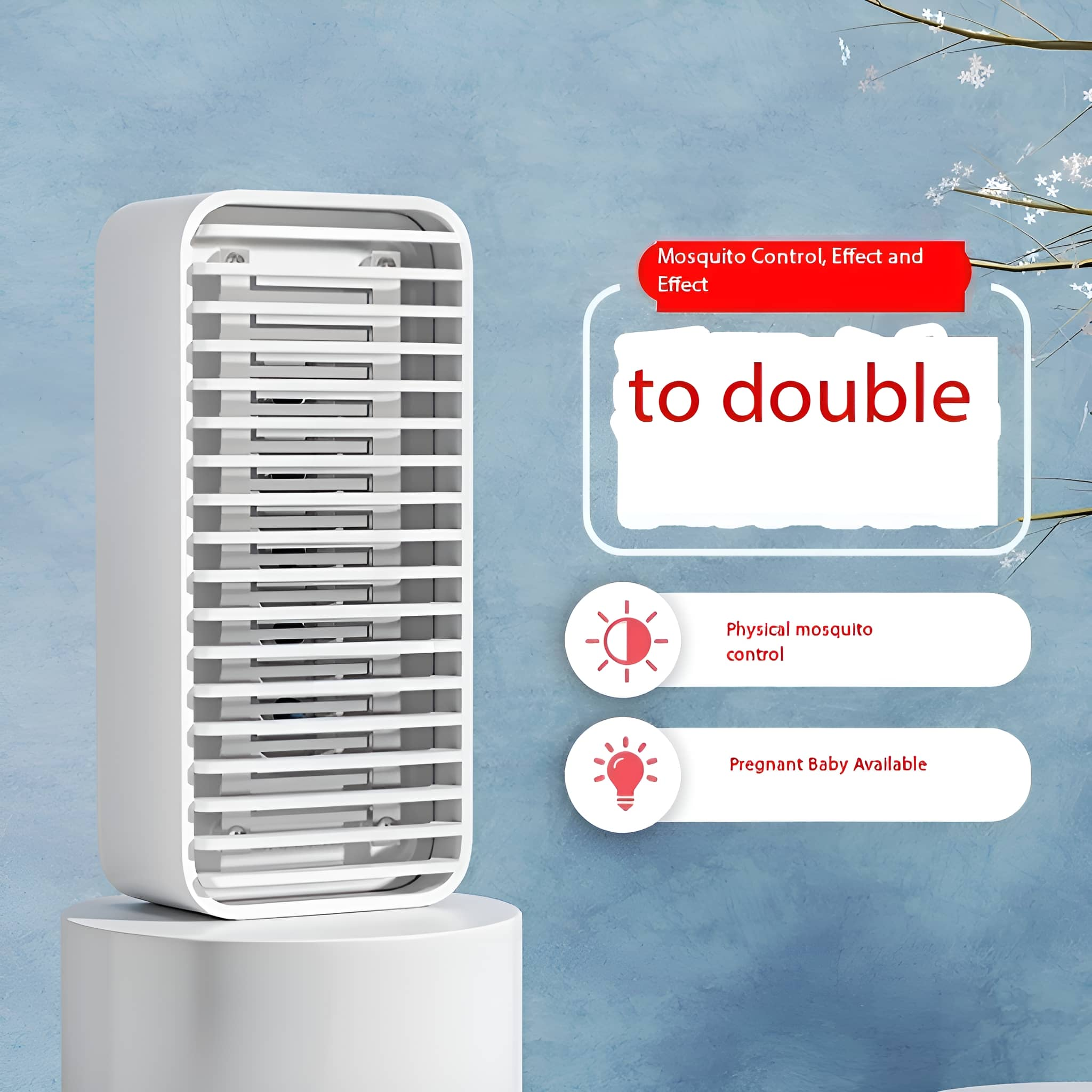 Ein weißes elektronisches Mückenschutzmittel. Text sagt 'to double'. Symbole zeigen Mückenbekämpfung und Babyverfügbarkeit.