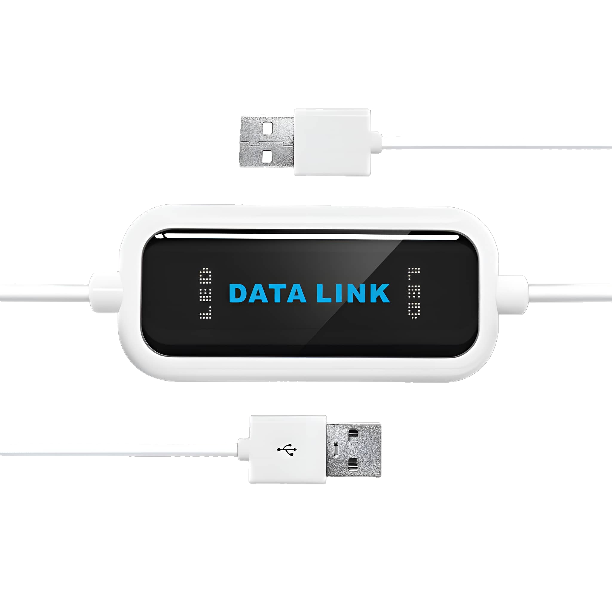 Weißes USB-Kabel und Datenlink-Gerät mit USB-Anschlüssen an beiden Enden.