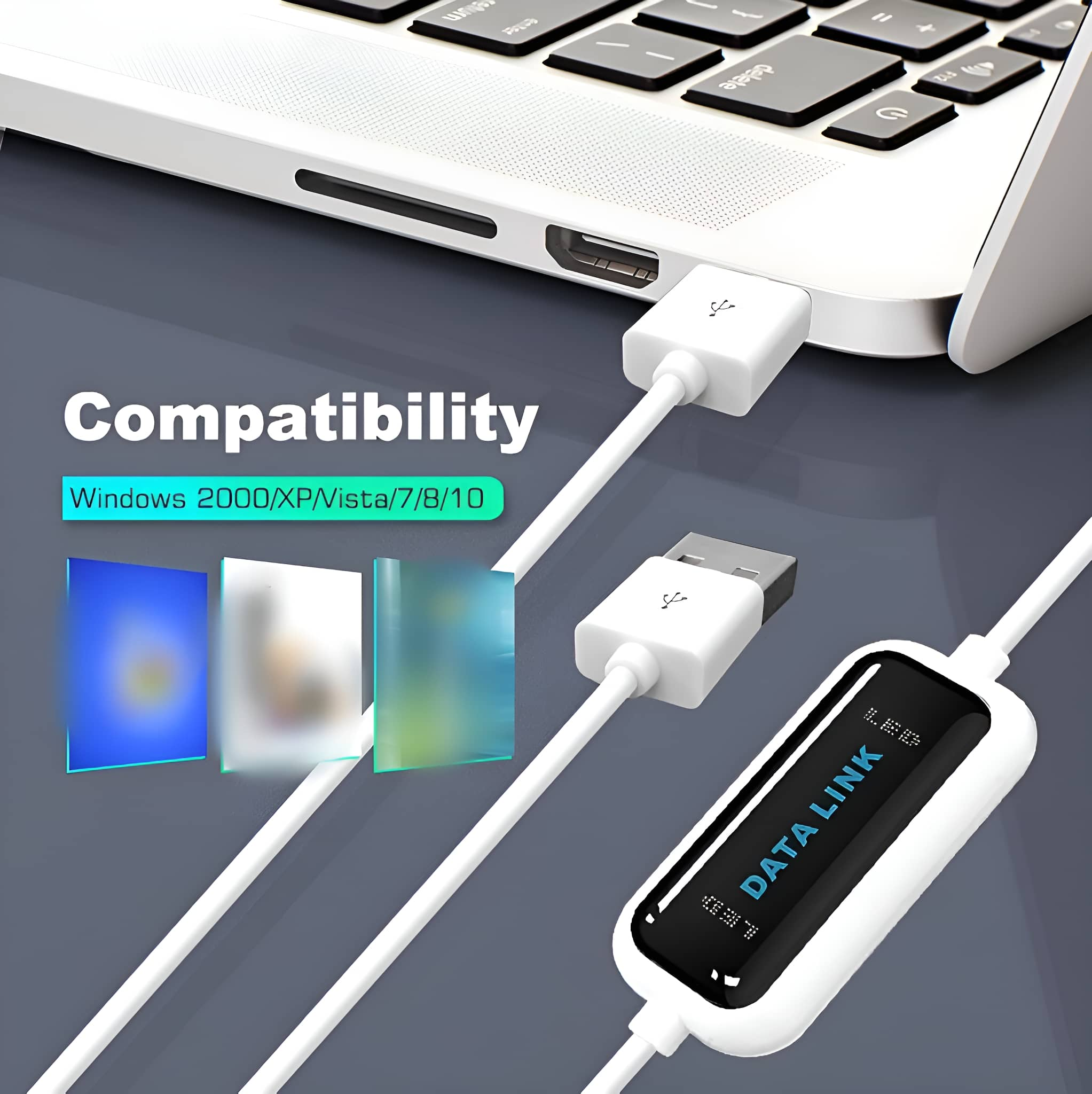 Ein weißes USB-Kabel ist mit einem Laptop mit einem schwarzen Data Link-Anschluss verbunden.