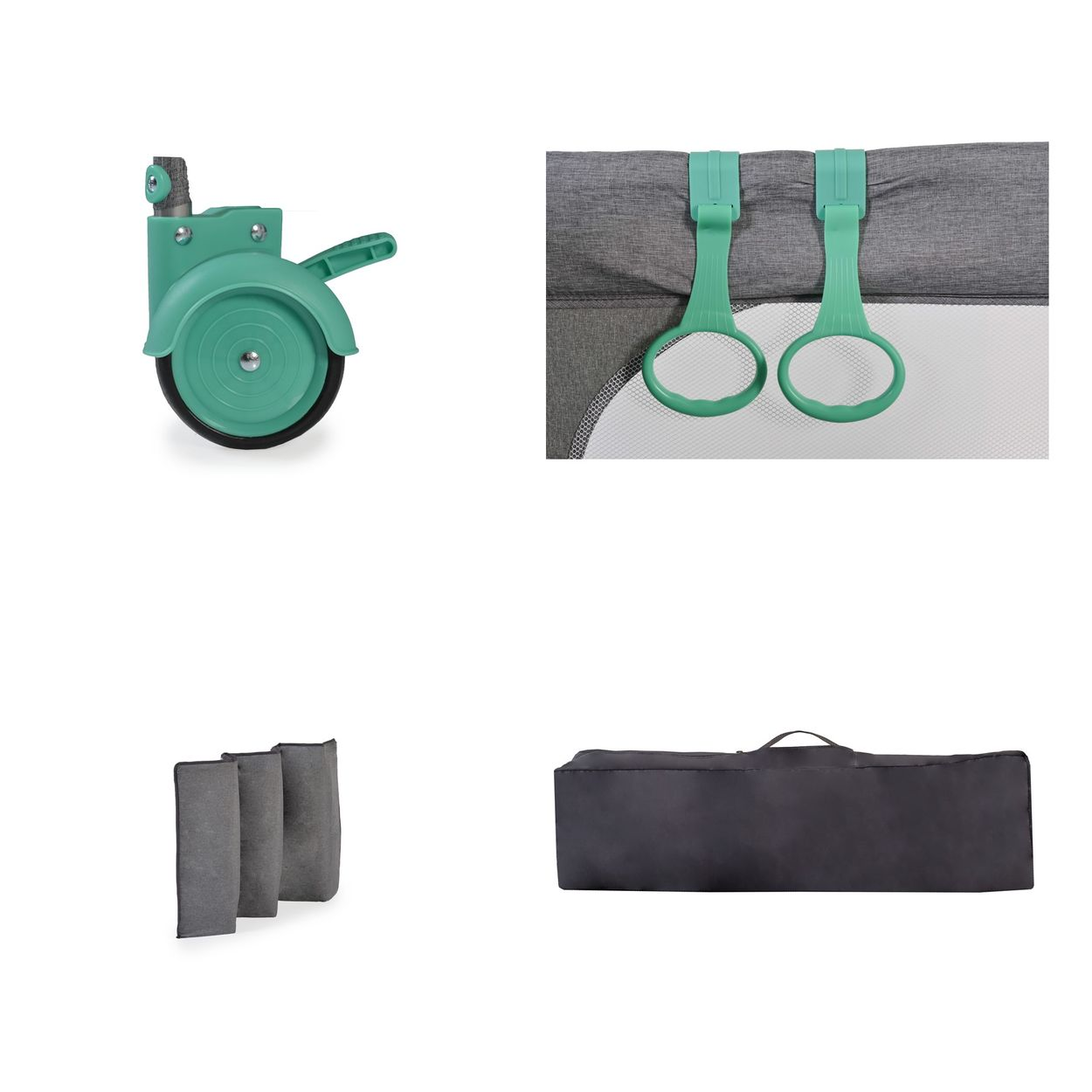 Collage von Babyzubehörteilen: ein Rad, zwei grüne Clips, drei graue Filter und eine schwarze Tasche.