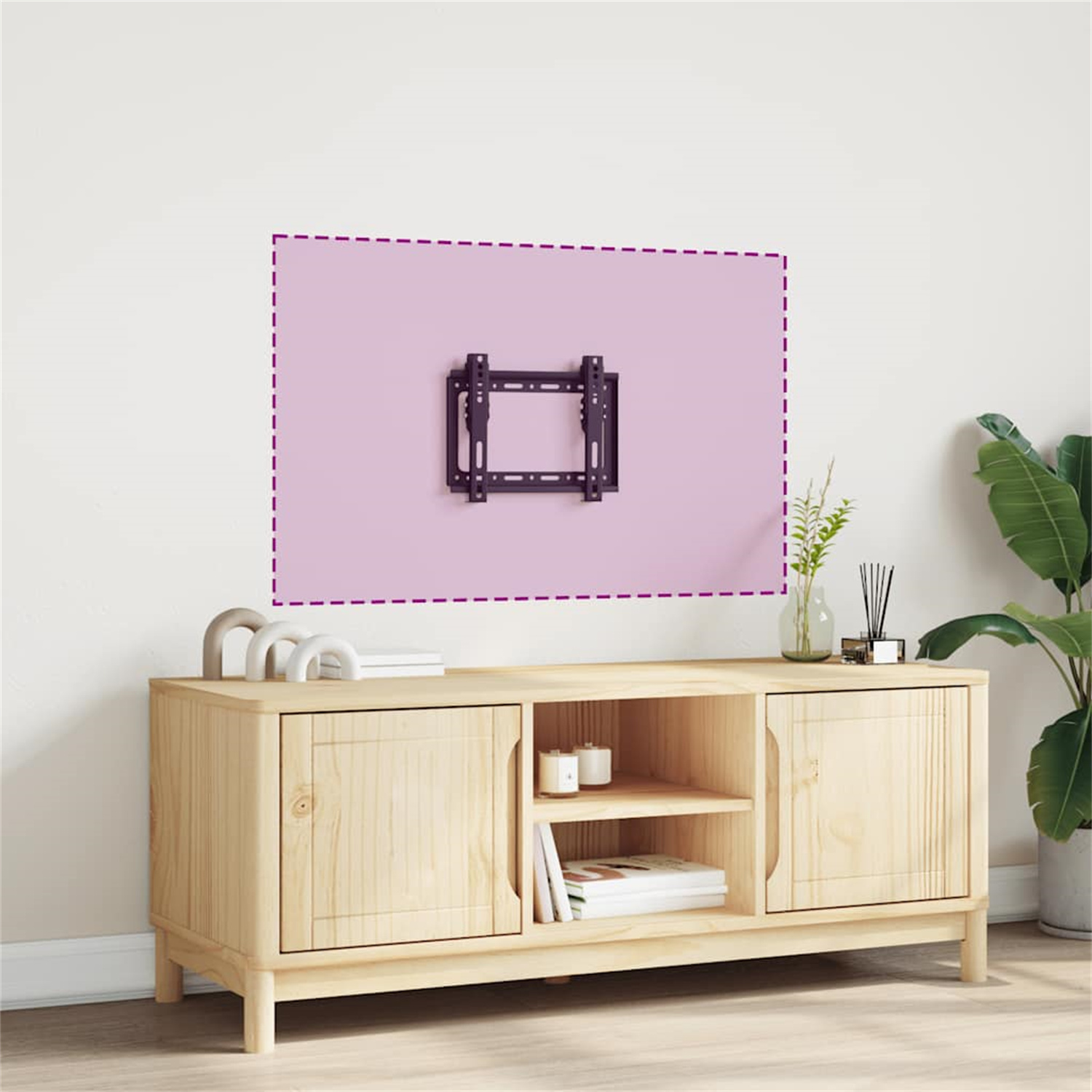 Wandhalterung für TV an rosa Wand, mit Holzschrank.
