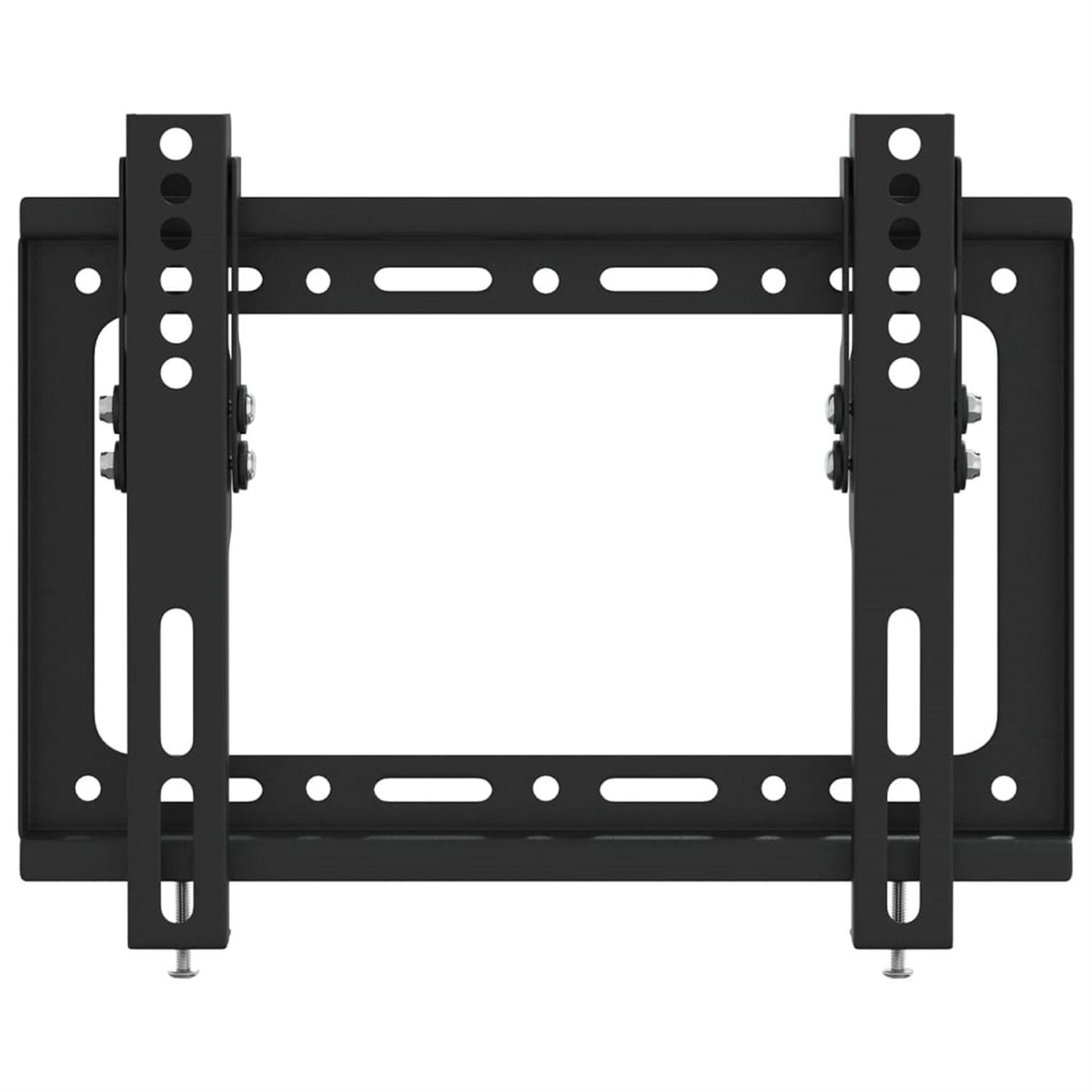 Eine schwarze TV-Halterung für die Wand, mit einem rechteckigen Rahmen und Befestigungspunkten.