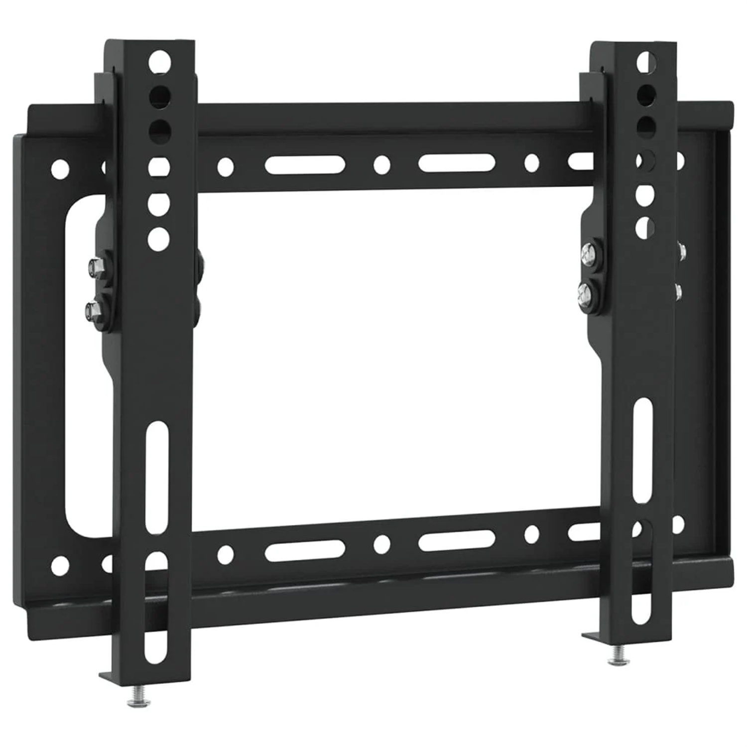 Schwarze Metall-TV-Halterung mit Befestigungslöchern und Halterungen zur Wandbefestigung.