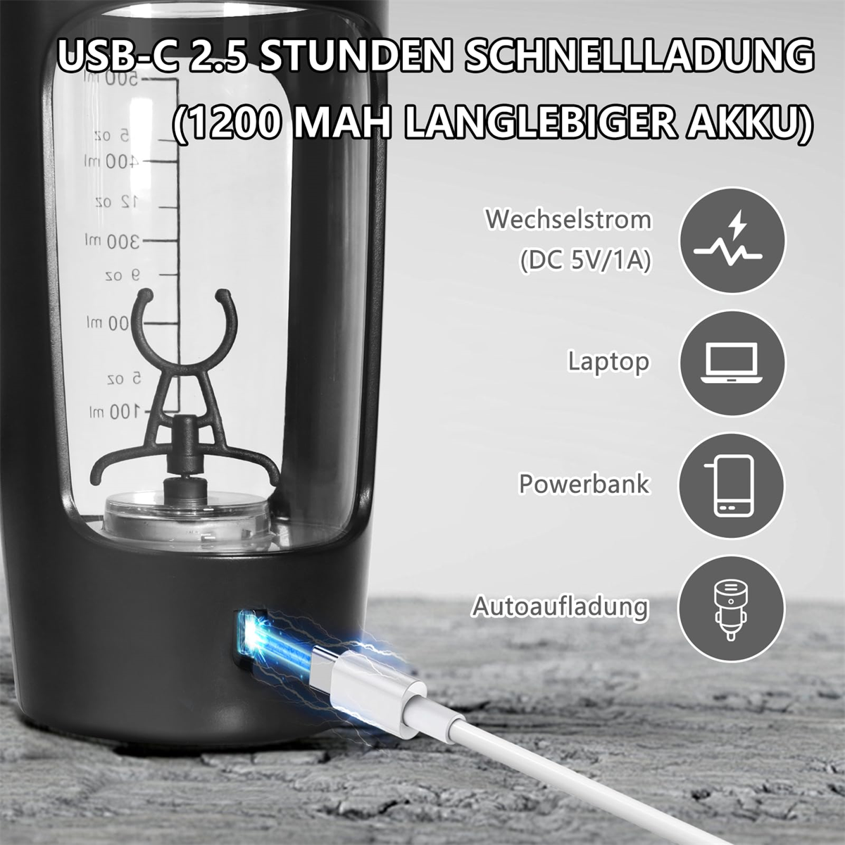 Schwarzer Mixer mit USB-C-Laden, Details auf der Seite. Powerbank, Laptop und Auto-Lade-Symbole.