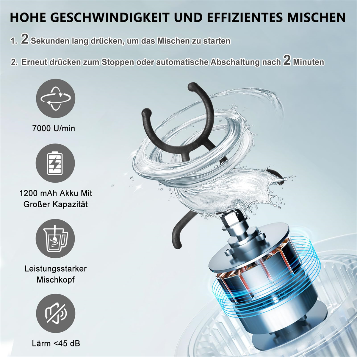 Bild, das die Mechanik eines Mixers und seine Spezifikationen zeigt.