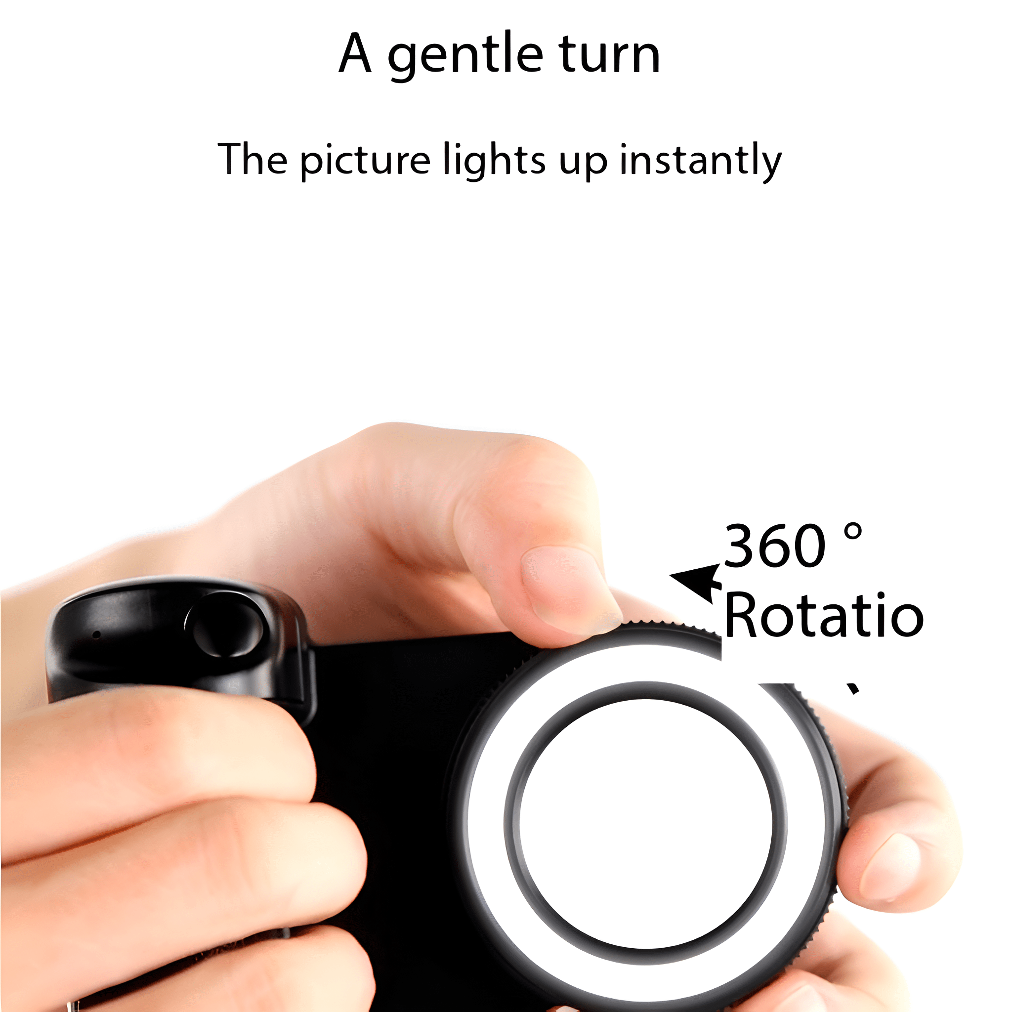 Hände halten ein schwarzes Ringlicht mit eingeschaltetem weißem Licht. Text: 360° Rotation.