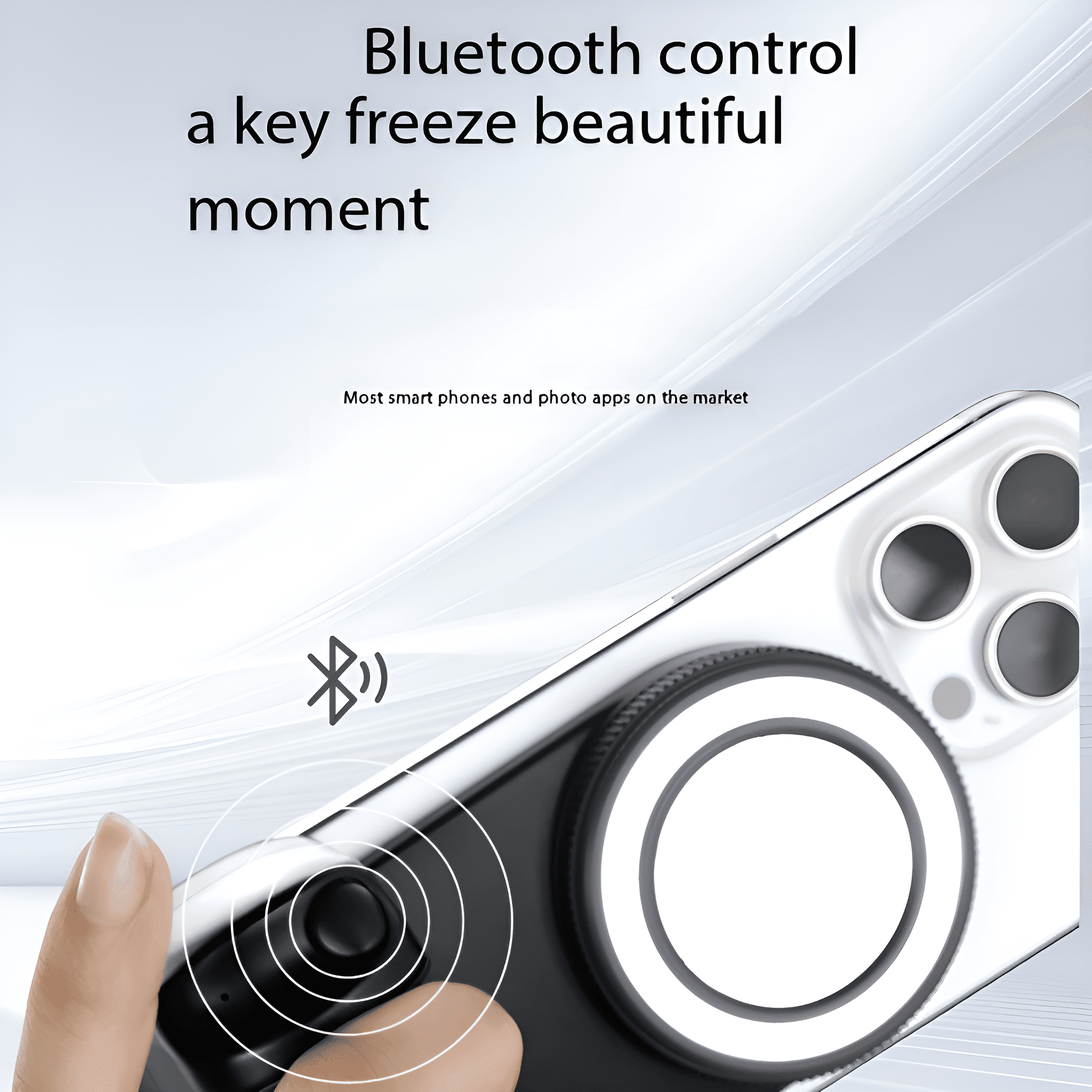 Eine Hand, die ein Telefon mit einem Lichtring und Bluetooth-Symbol hält, mit Text über das Einfrieren von Momenten.