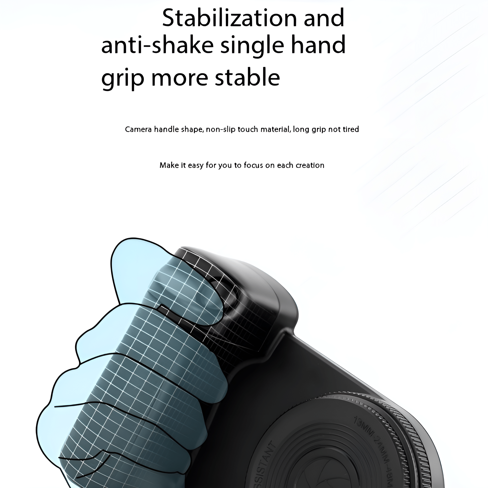 Schwarzer Kameragriff mit blauem Gitter. Text: Stabilisierung und Anti-Shake.