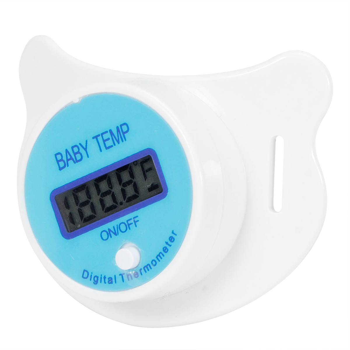 Ein weißes Baby-Schnuller-Thermometer mit blauem Digitaldisplay.