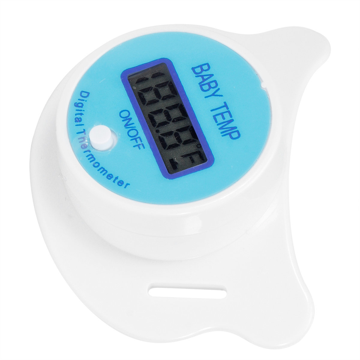 Ein Babythermometer mit Digitalanzeige, die eine Temperatur anzeigt.