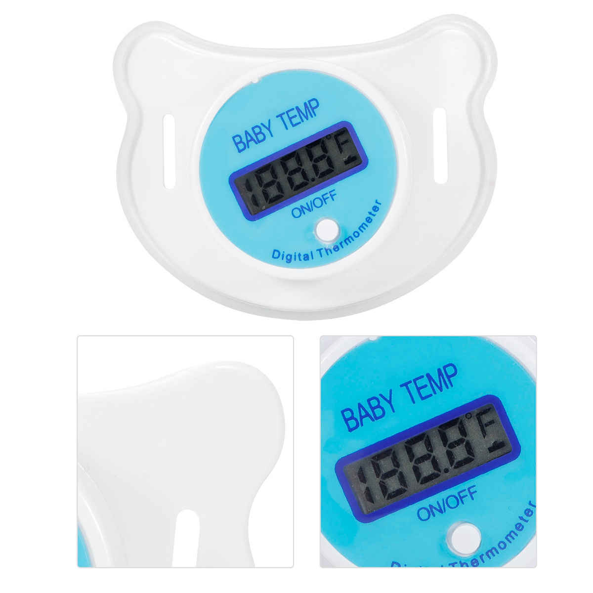 Ein blauer Schnuller-Digitalthermometer mit Nahansichten.