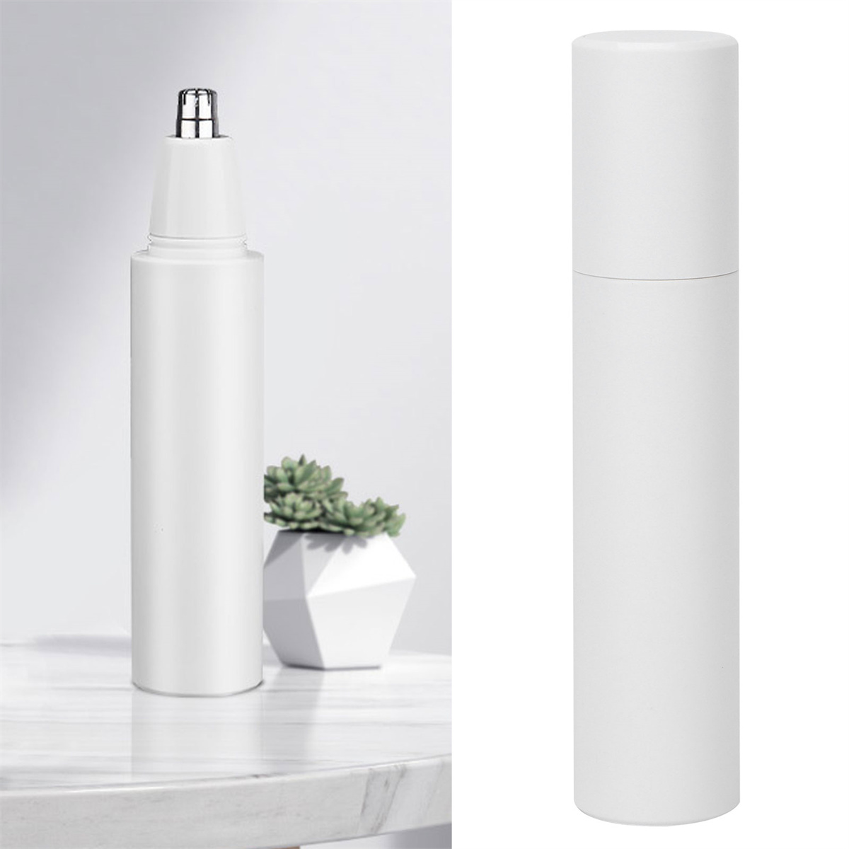 Zwei weiße Flaschen. Eines ist ein Nasenhaartrimmer. Das andere ist eine Flasche mit weißem Verschluss.