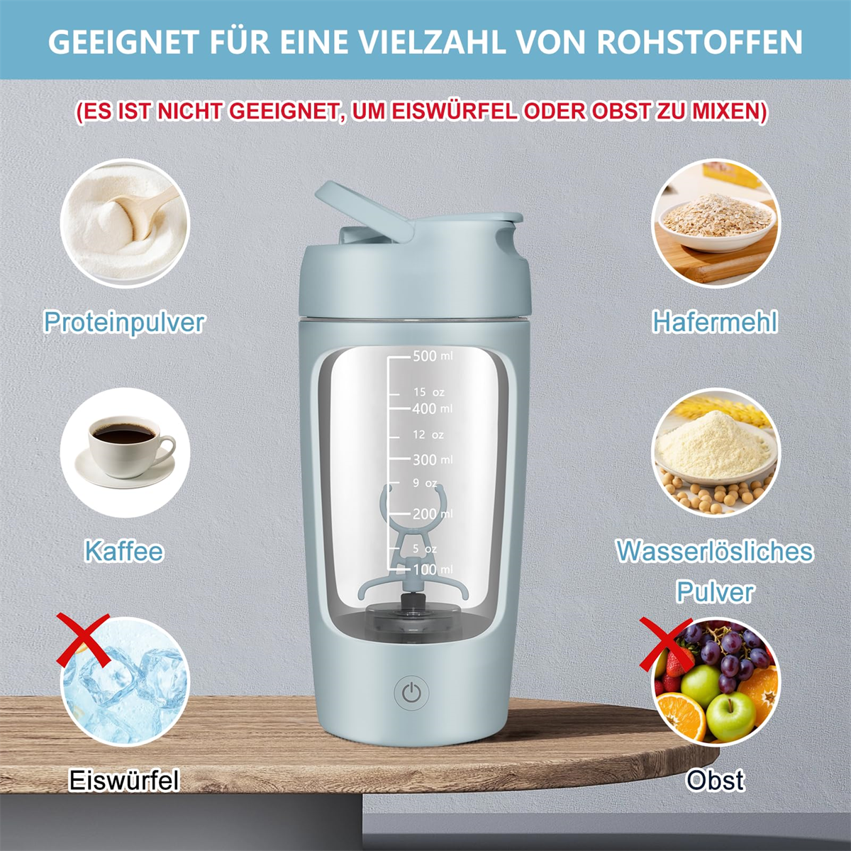 Mixer mit Zutaten: Proteinpulver, Kaffee, Haferflocken usw.