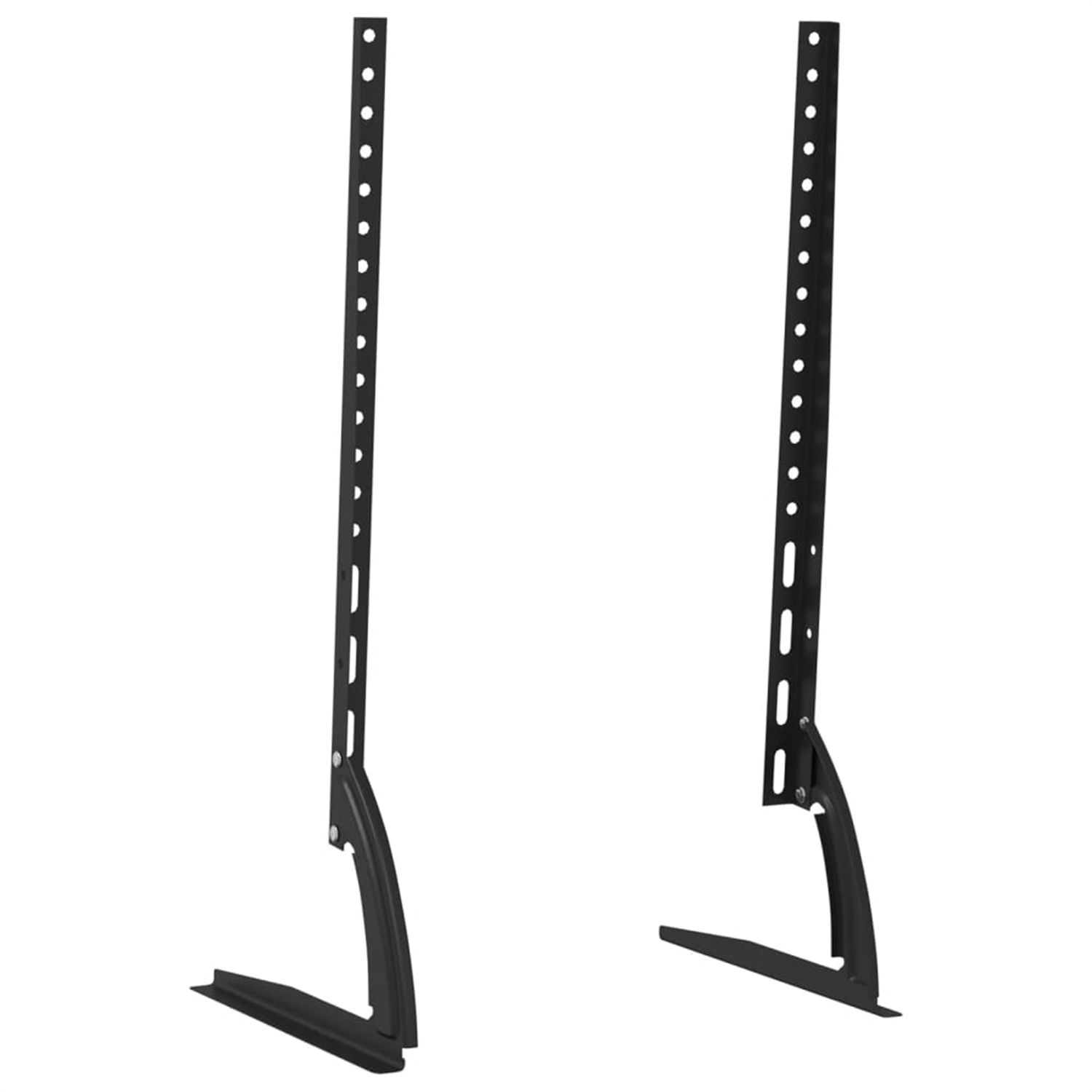 Zwei schwarze TV-Standbeine, jeweils mit einer vertikalen Stange mit Löchern und einem gebogenen Fuß.