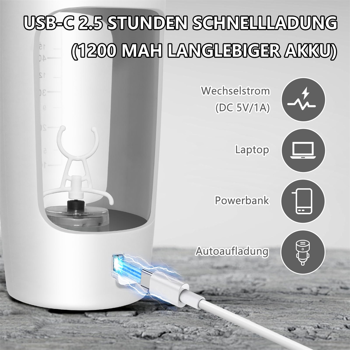 Weißer Mixer mit angeschlossenem USB-C-Kabel, zeigt Ladesymbole und Text.