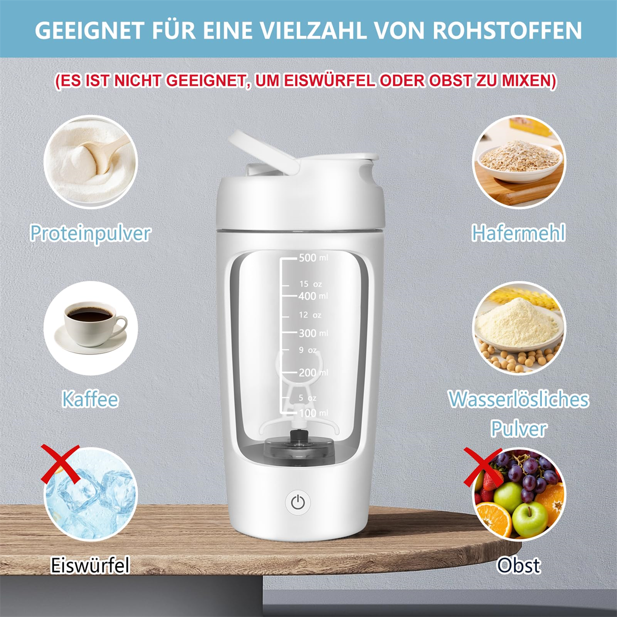 Weißer Mixer mit Zutaten. Enthält Bereiche für Proteinpulver, Kaffee, Haferflocken und Früchte.