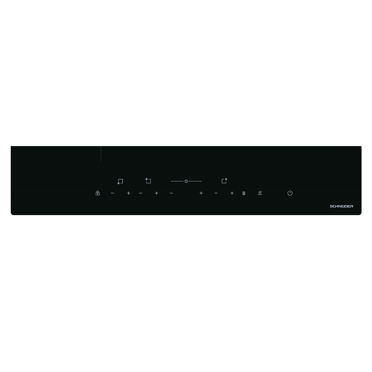 Panel de control táctil negro para una placa de cocina con varios símbolos, incluyendo encendido, bloqueo, etc.