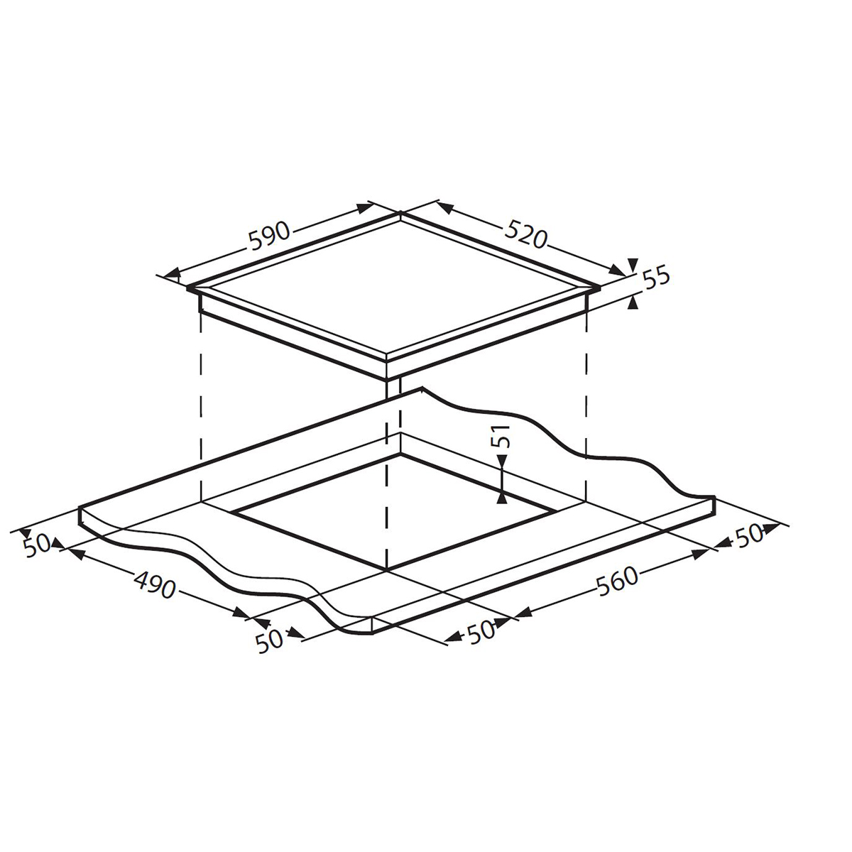 Diagrama de un recorte de encimera con dimensiones. Piezas superior e inferior mostradas, con medidas.