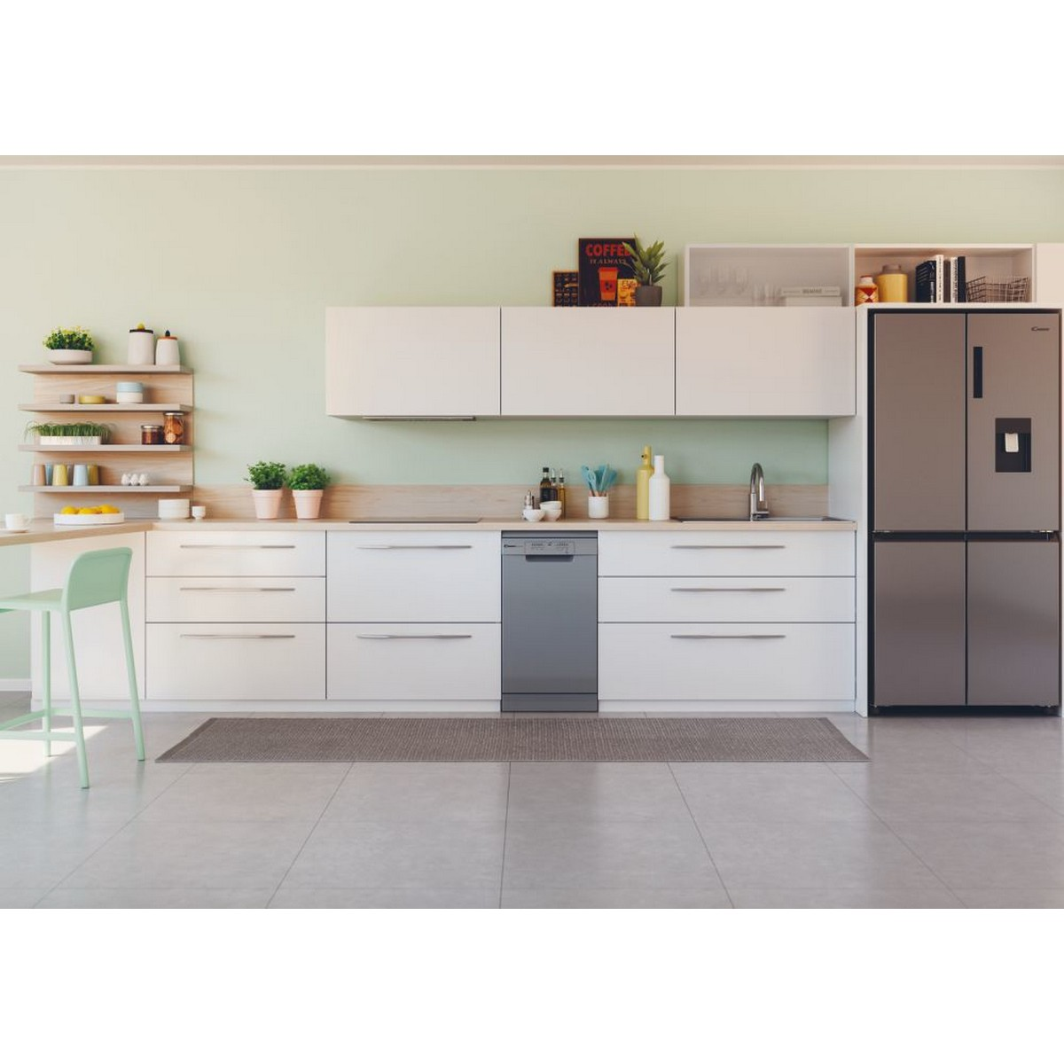 Una cucina moderna con mobili bianchi, lavastoviglie e frigorifero in acciaio inox.