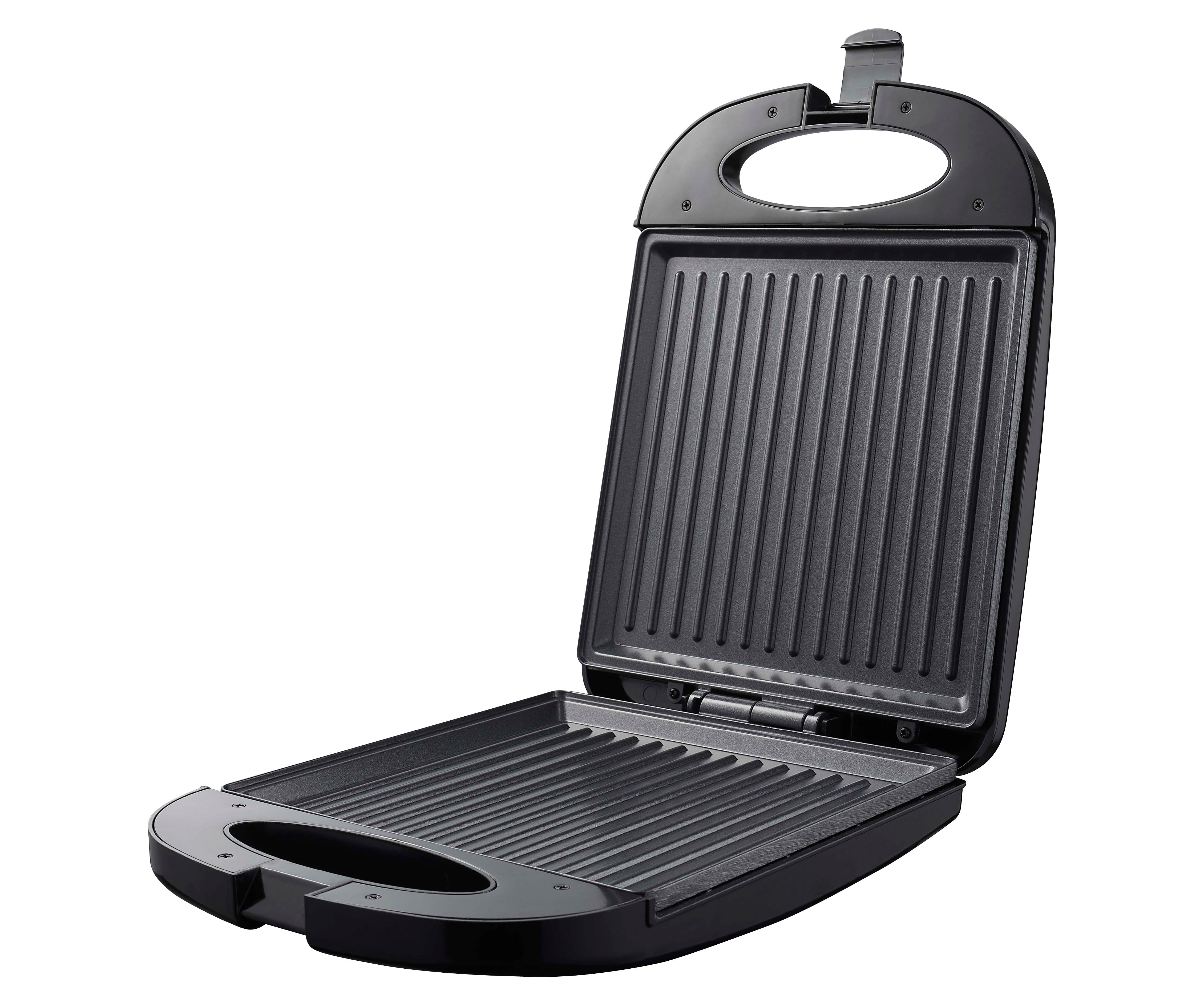 Ein schwarzer Sandwichmaker ist geöffnet und zeigt die Grillplatten. Der Hintergrund ist weiß.