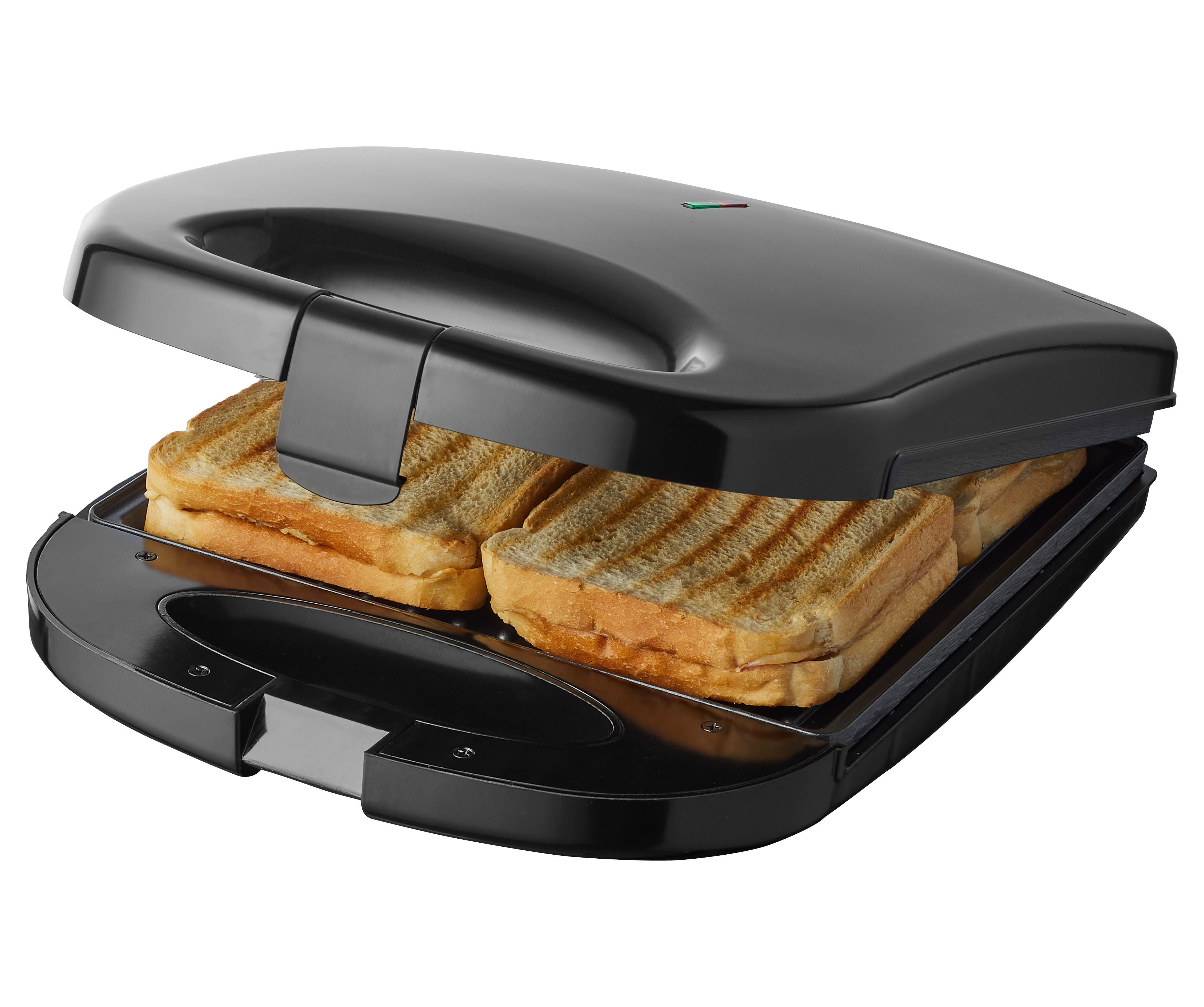 Schwarzer Sandwichmaker mit zwei Sandwiches, offen und servierbereit.