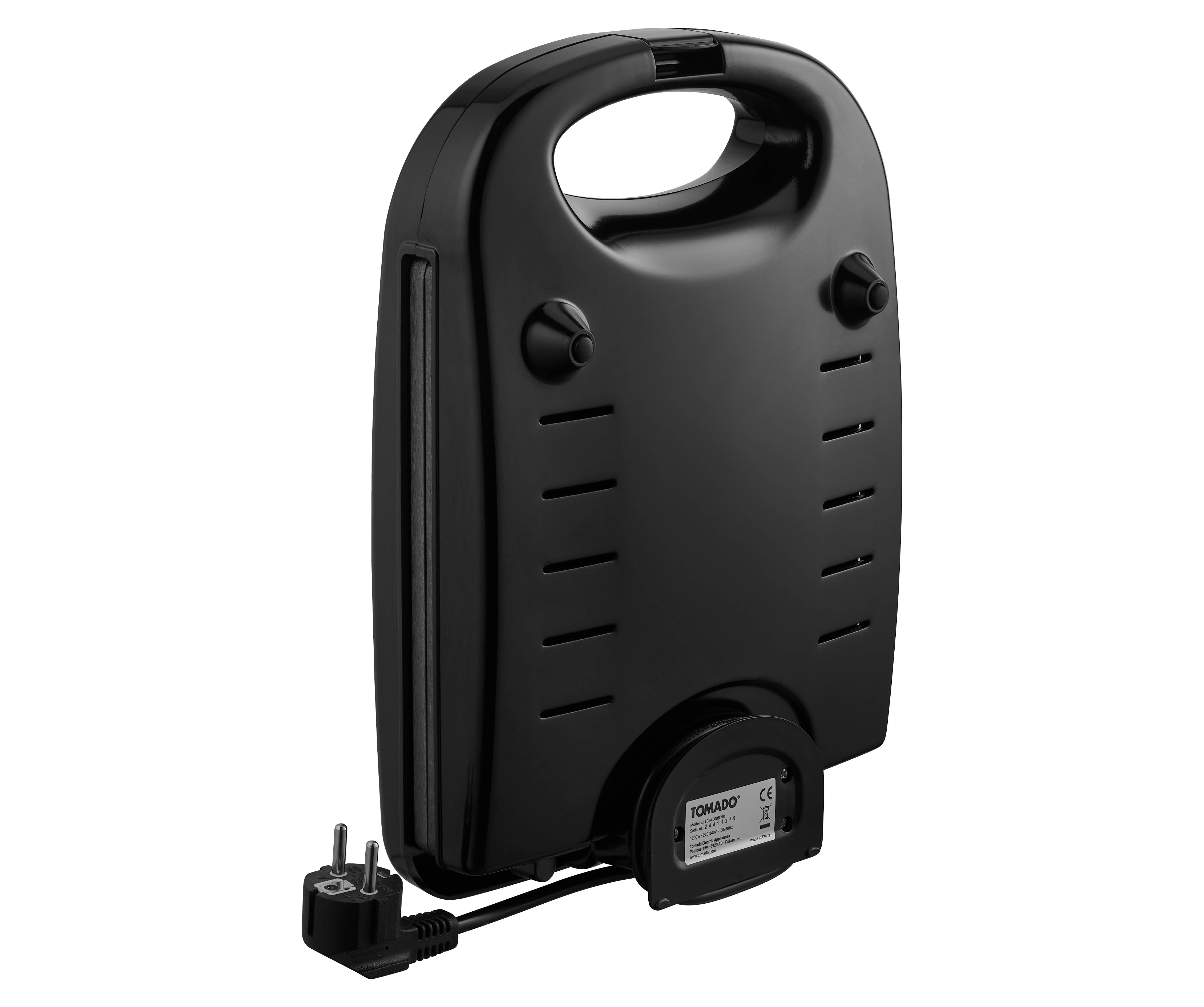 Schwarzer Sandwichmaker mit Griff. Der Boden hat das Netzkabel.