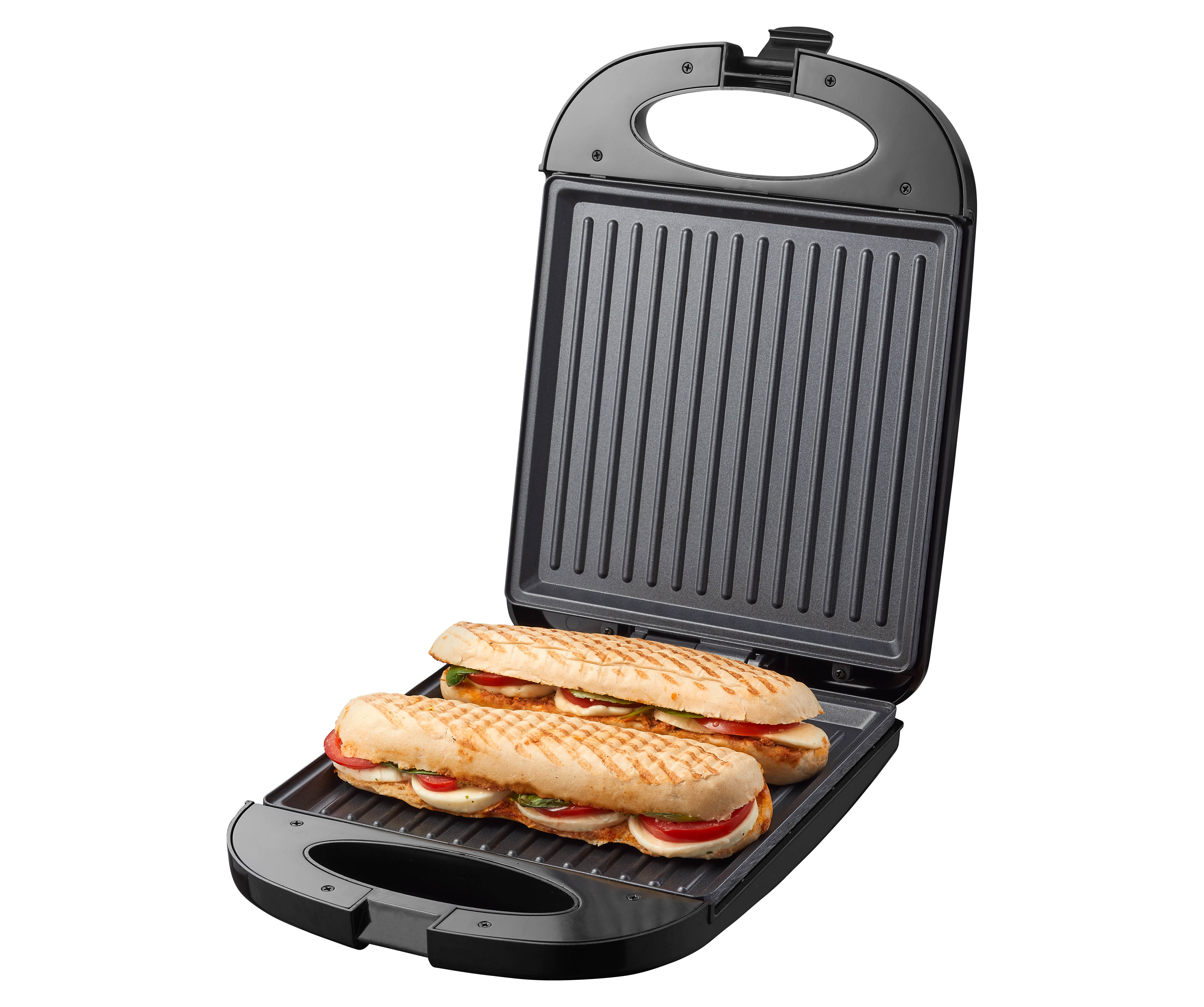 Offener Sandwichgrill mit zwei Sandwiches. Oberes Brot, Tomate, Käse und Basilikum.