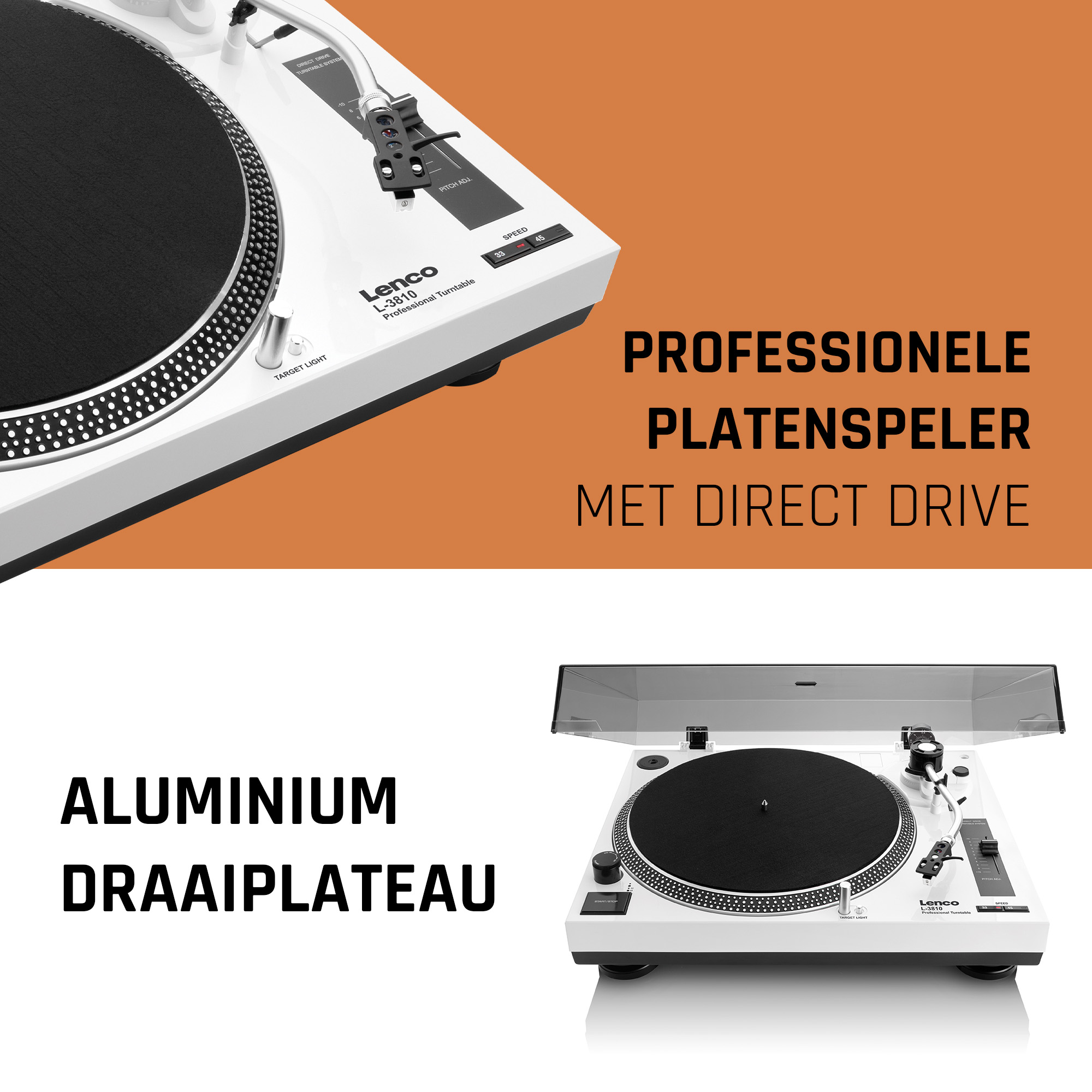 White turntable with black disc, target light, and descriptive text. Aluminum platter.