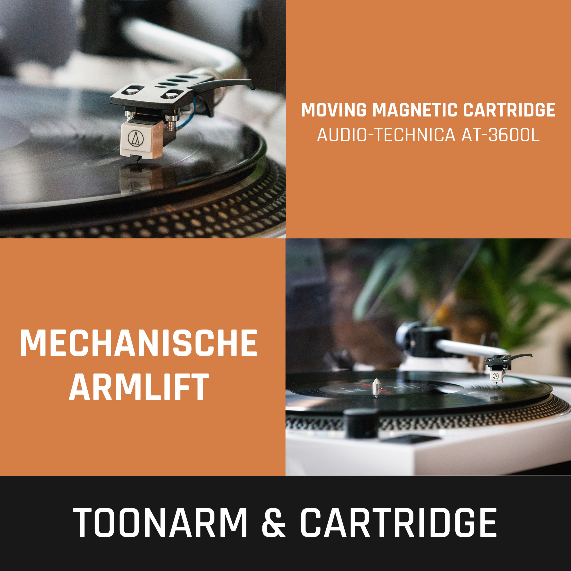 Images of a turntable with text overlays: moving magnetic cartridge and tonearm.