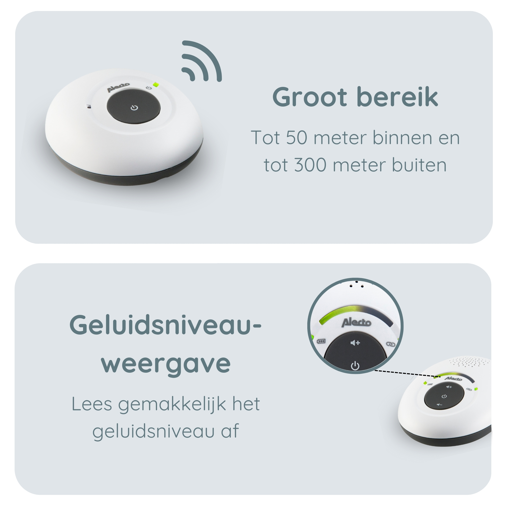 Twee apparaten met teksten. Eén zegt 'Groot bereik'. De andere zegt 'Geluidniveau-weergave'.