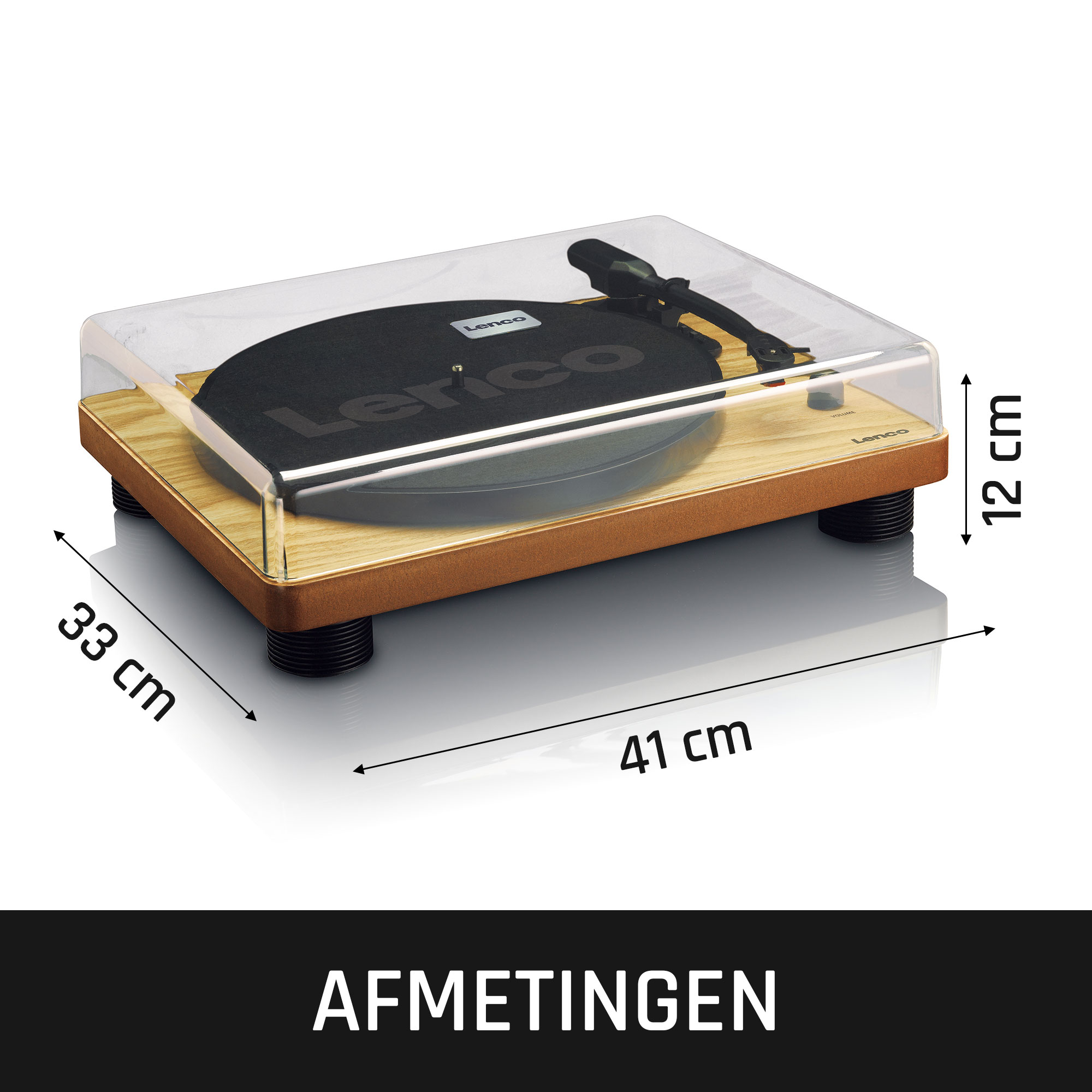 A wooden turntable with a black record, dimensions labeled: 41cm, 33cm, and 12cm, with a clear cover.