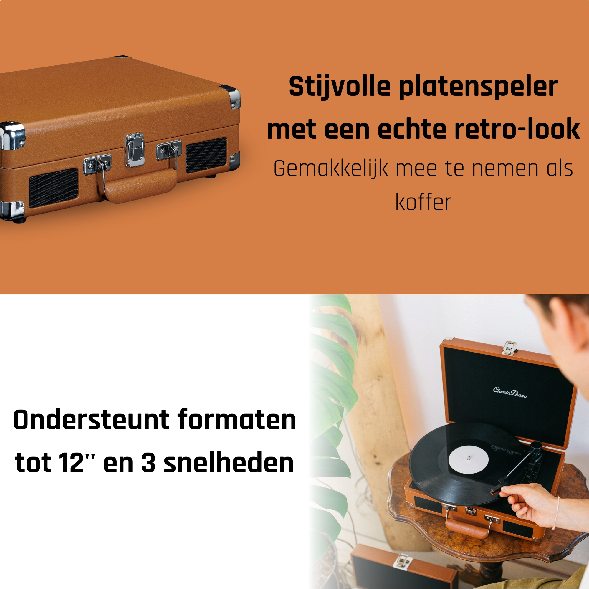 A retro-style brown record player in a case, with text about its features.