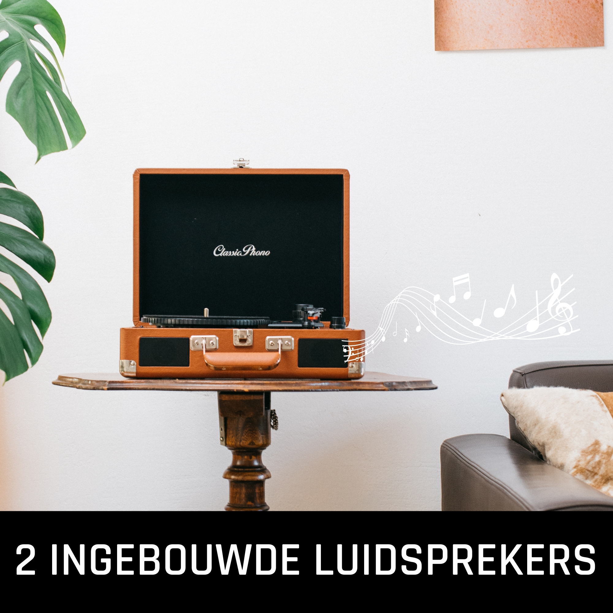 Vintage brown record player with open lid, set on a table. Decorative musical notes.