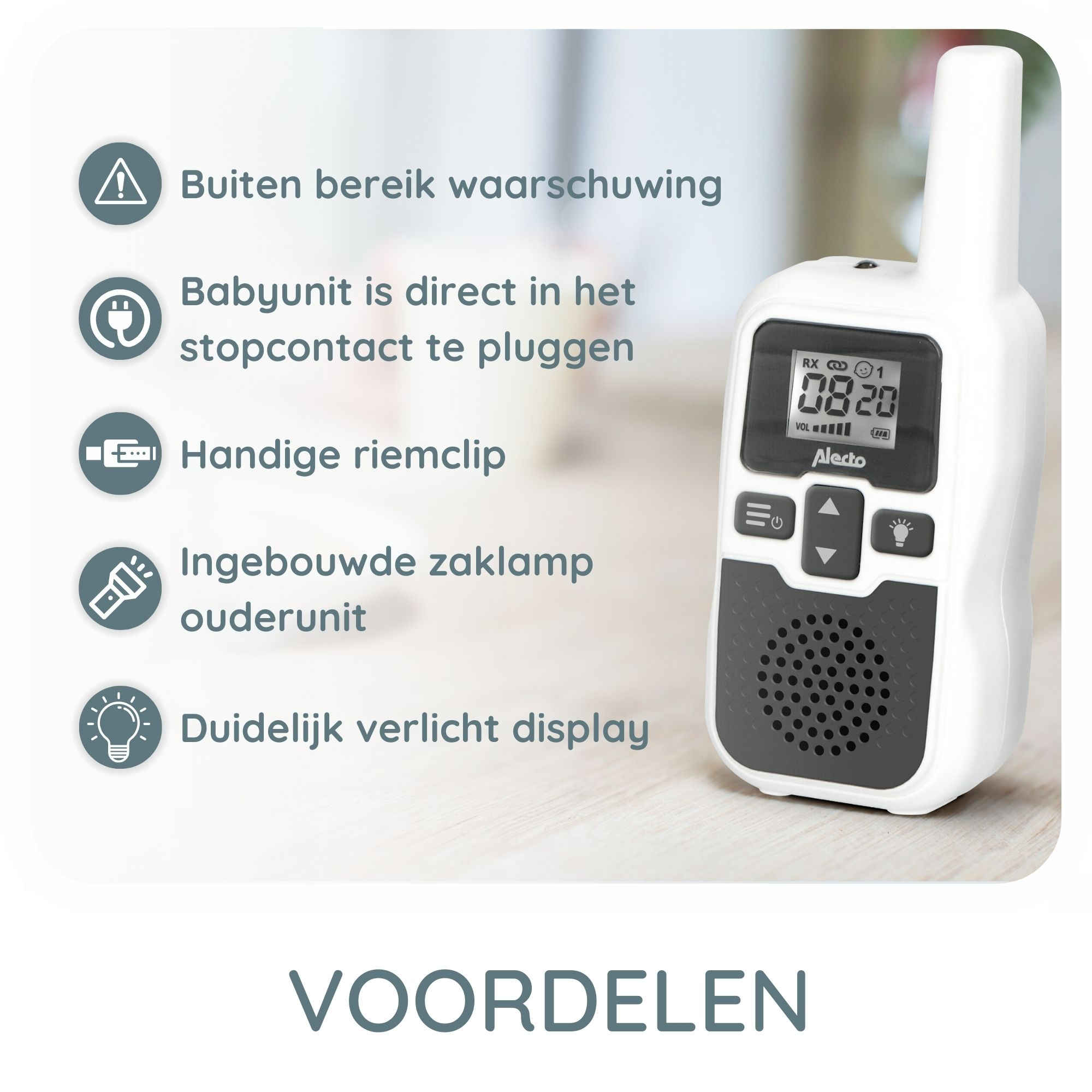 Ein weißer Babyphone mit Symbolen und Text, der Funktionen hervorhebt.