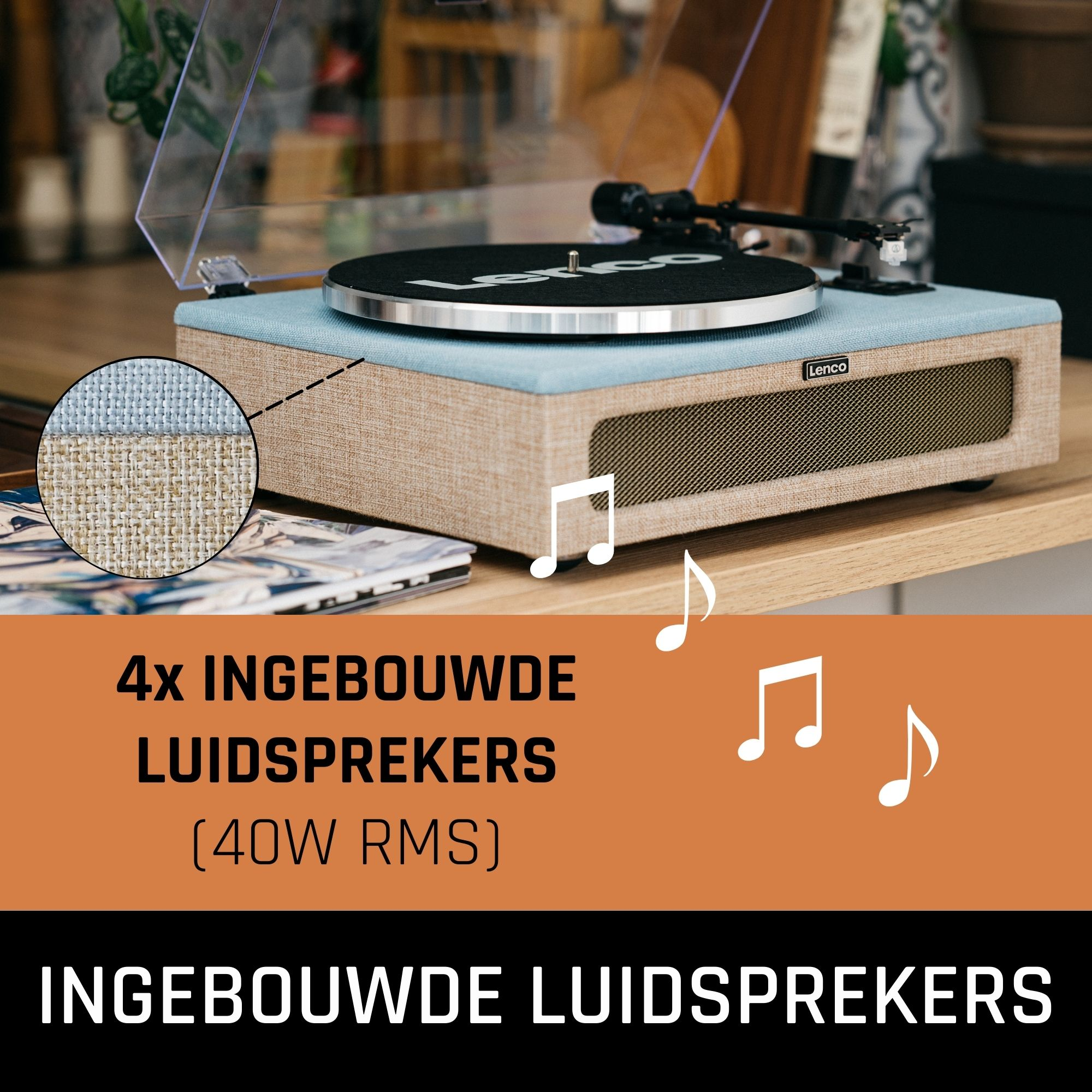 Platenspeler met een blauwe luidspreker en tekst over ingebouwde luidsprekers (40W RMS).