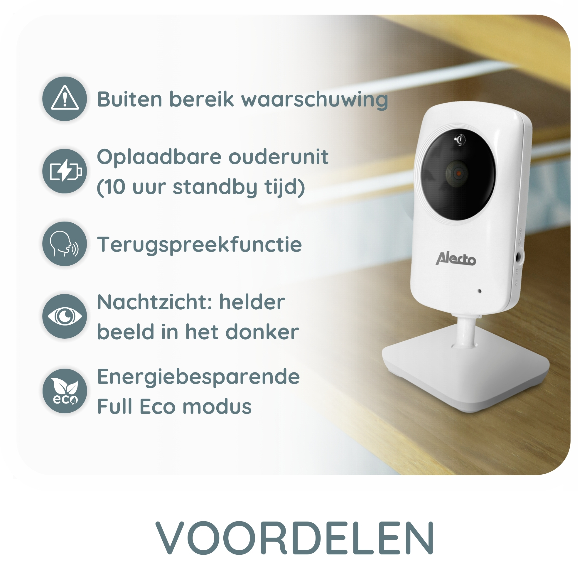 Witte babyfoon met tekst. Een houten oppervlak is op de achtergrond.