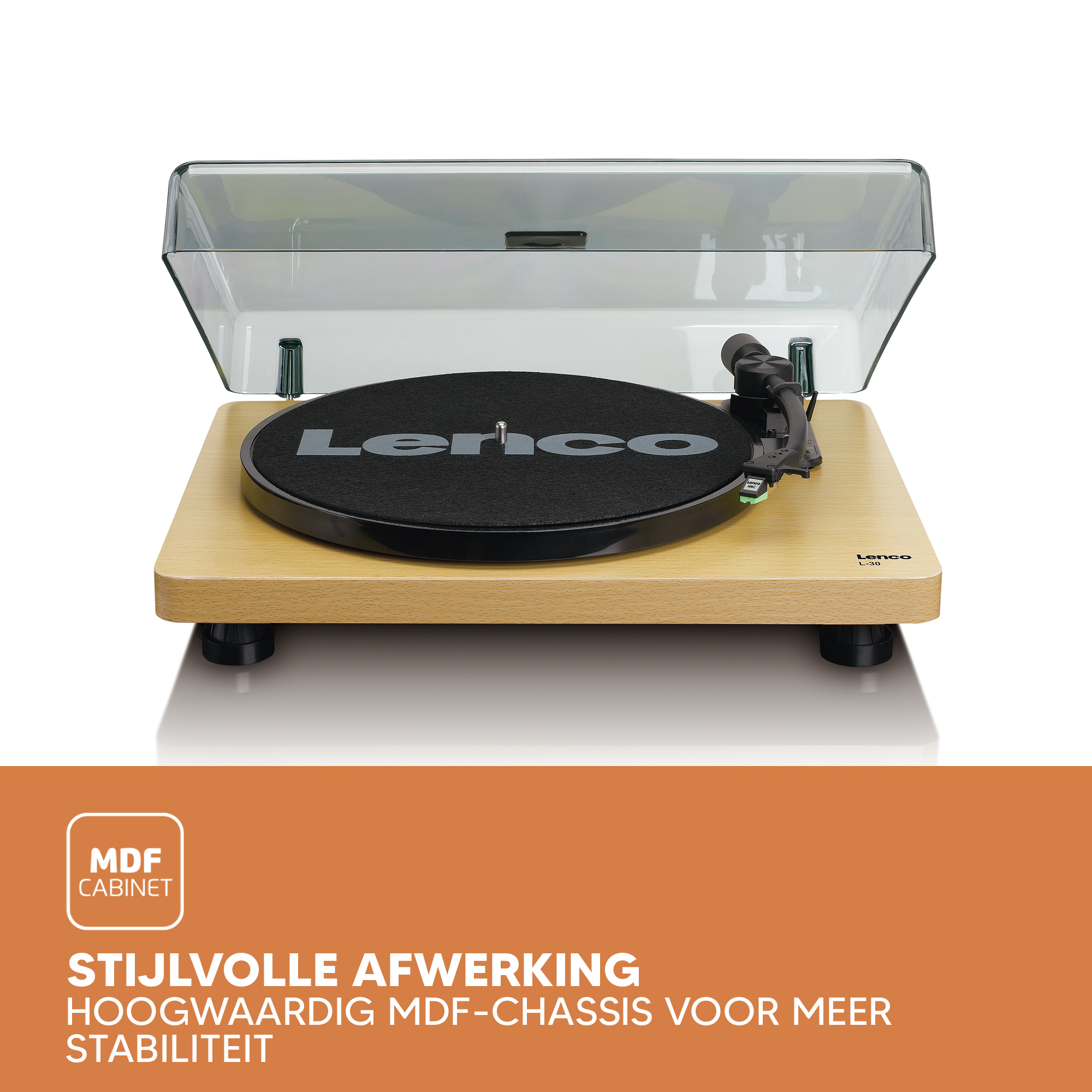 Platenspeler met houten voet, zwarte schijf, deksel. Tekst: Stijlvolle afwerking, MDF-chassis.