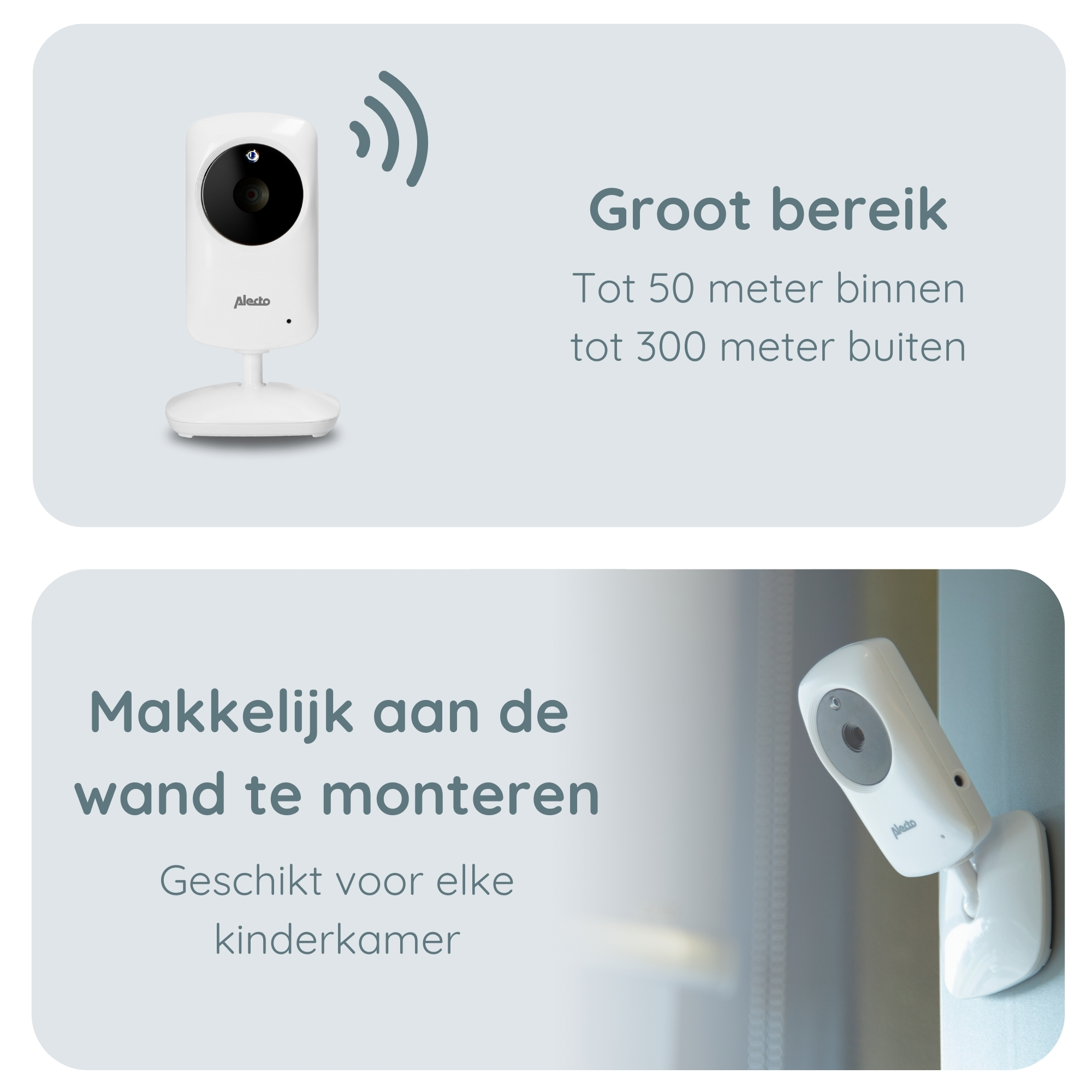 Een witte babyfoon met tekstbeschrijvingen over bereik en installatie.