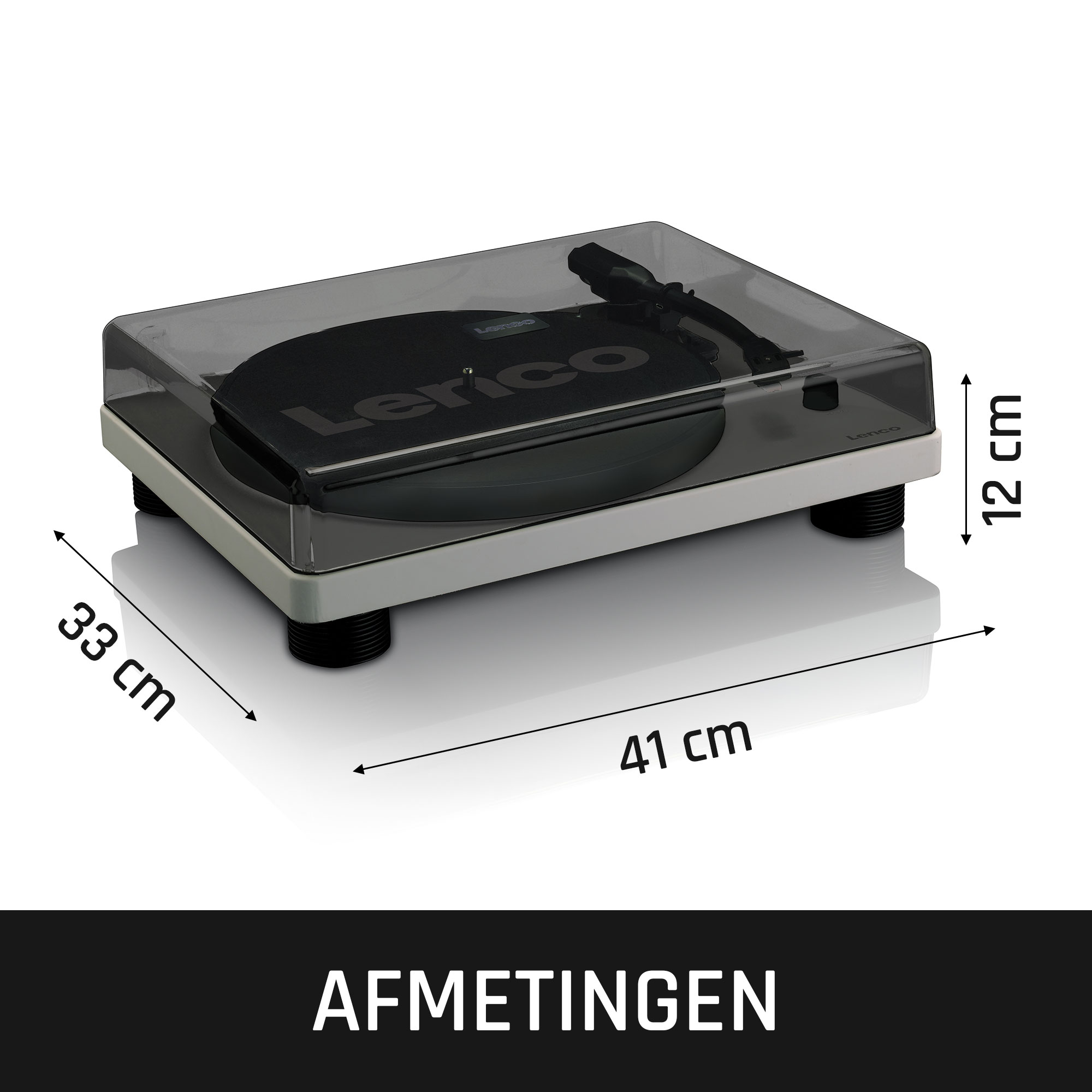 Turntable with dimensions: 41cm wide, 33cm deep, 12cm high.