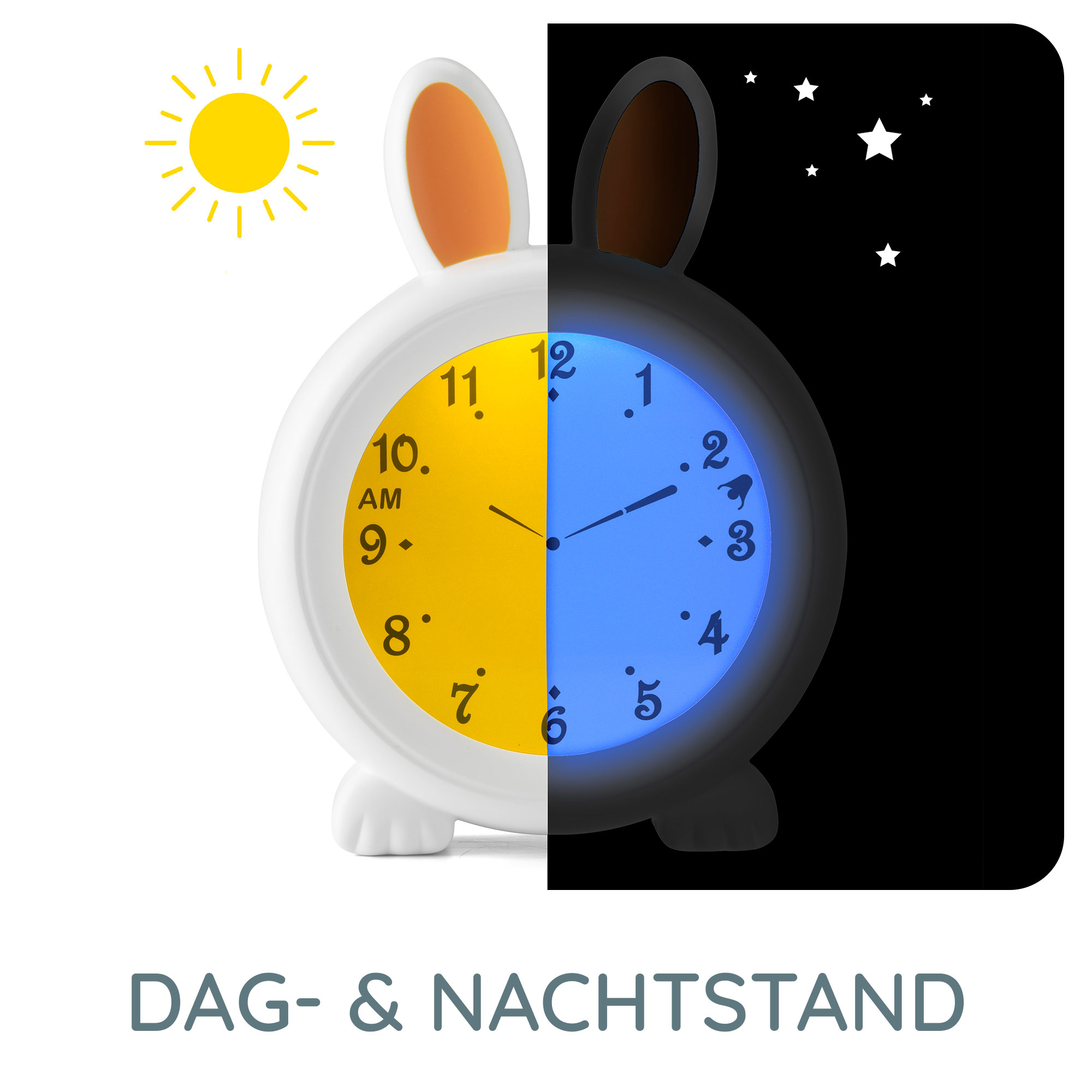 Bunny-shaped clock, split day/night. Yellow sun side, stars on the other. Text: Day & Night mode.