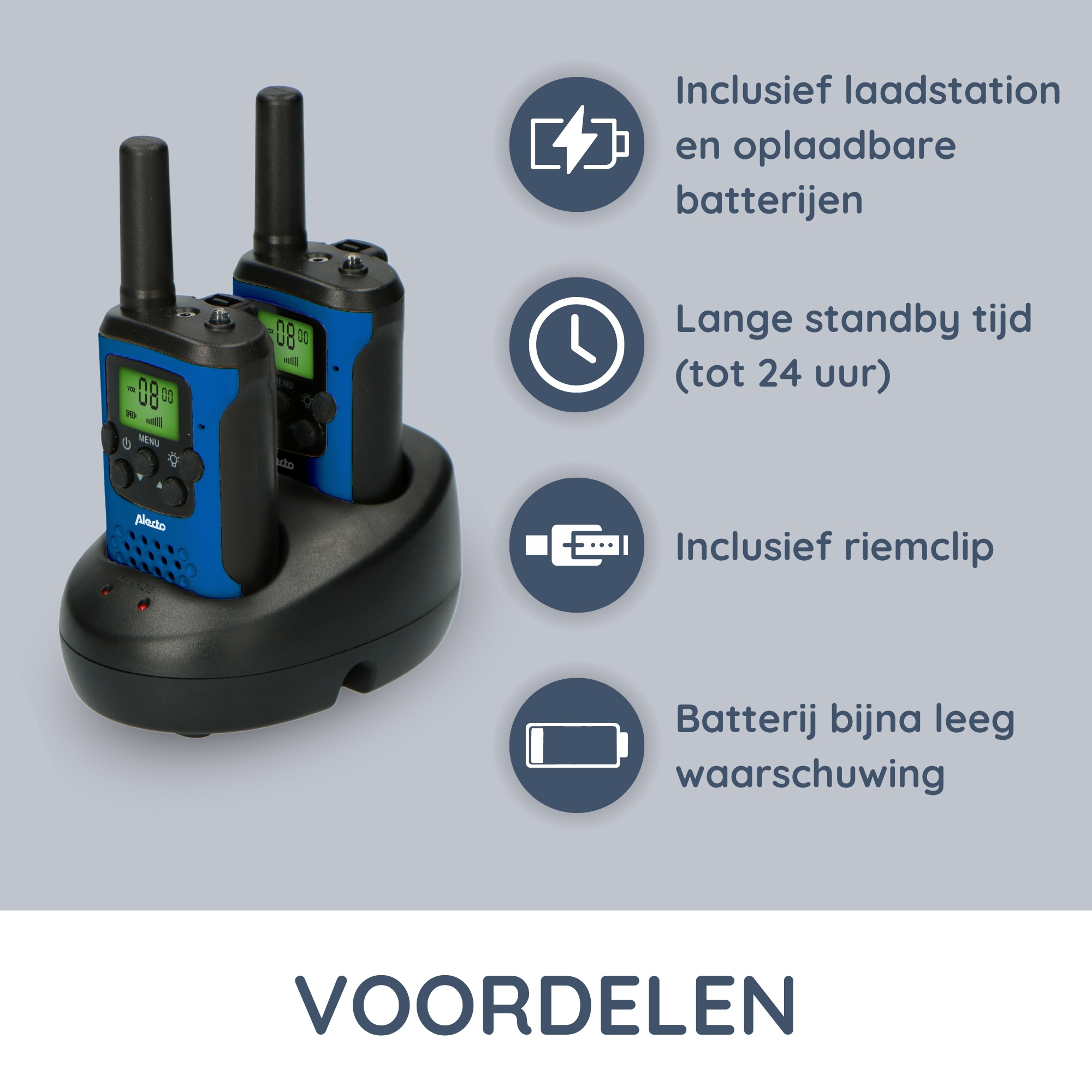 Two blue walkie-talkies in a charging station. Text indicates inclusion of charging and long standby time.