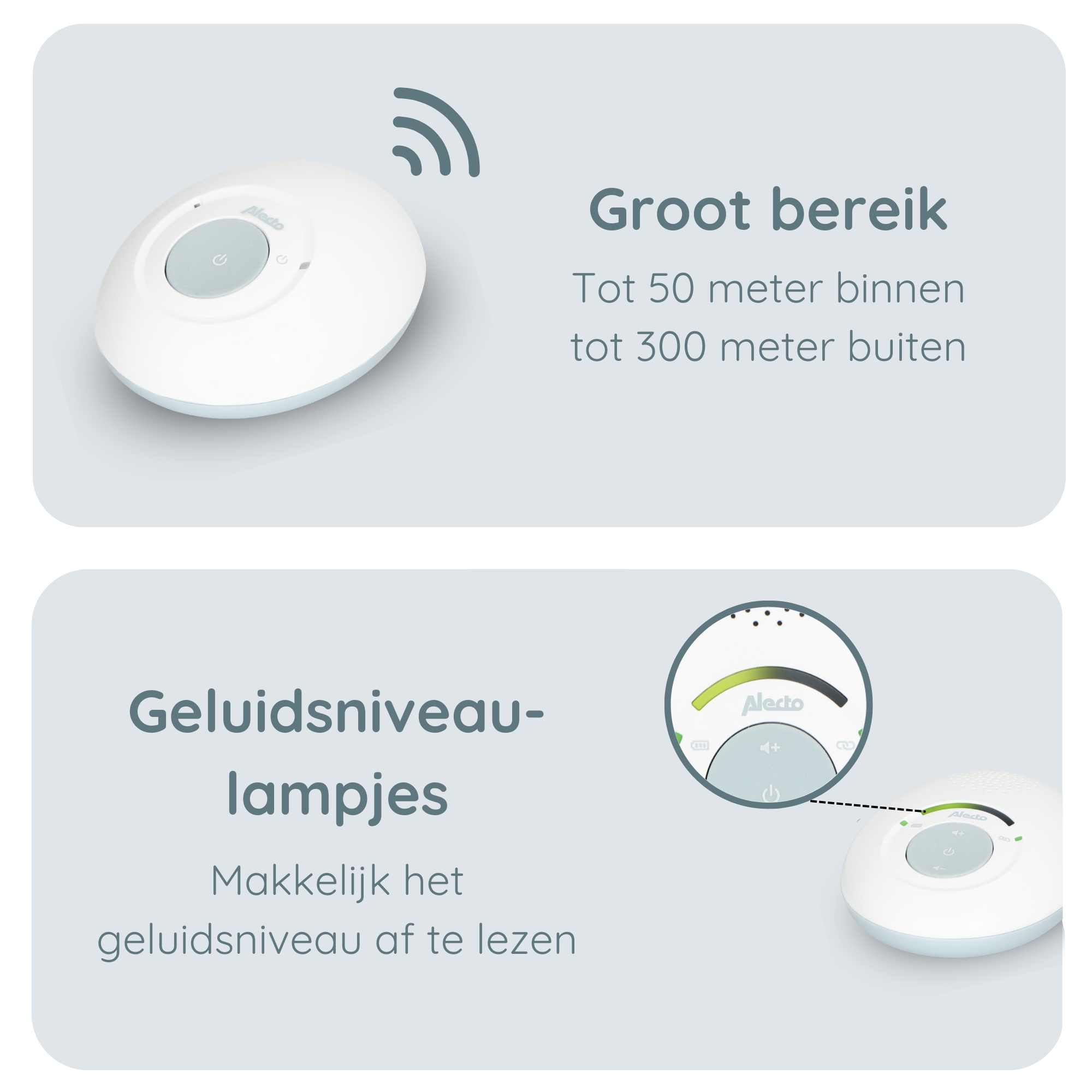 Twee afbeeldingen tonen een witte afstandsbediening. Eén toont een signaal, de andere niveaus.