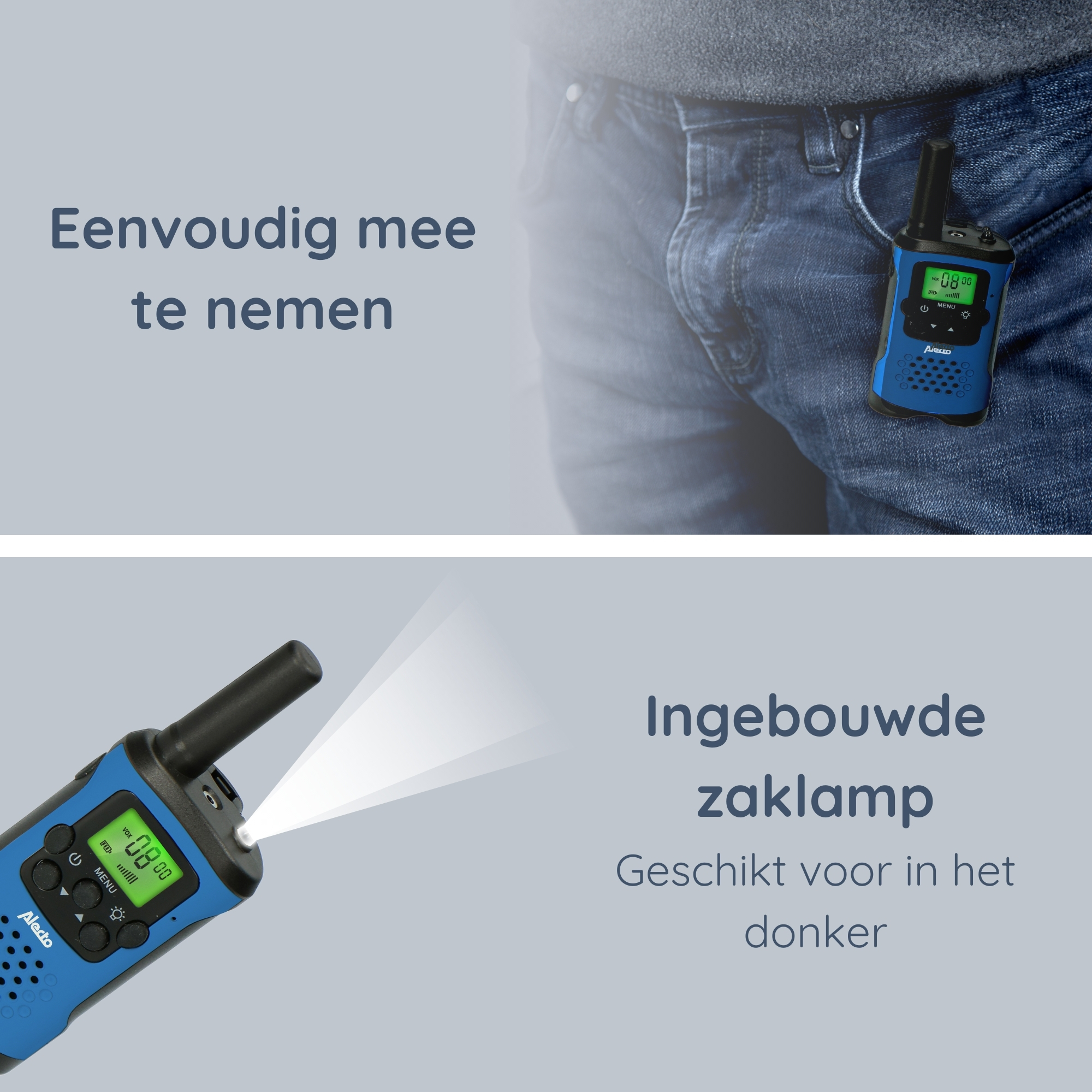 Blue walkie-talkie clipped to jeans. Text: Easy to carry. Another walkie-talkie with flashlight.