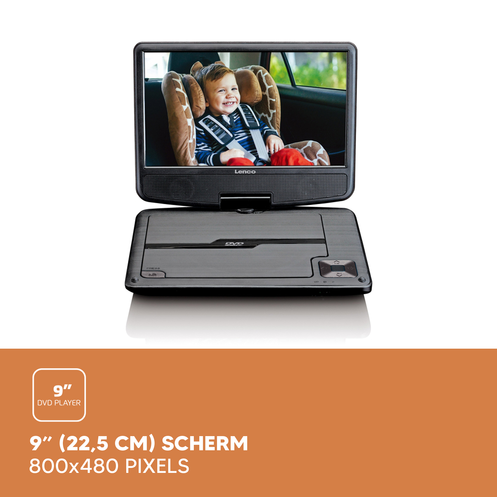 Portable DVD player with a screen showing a child.