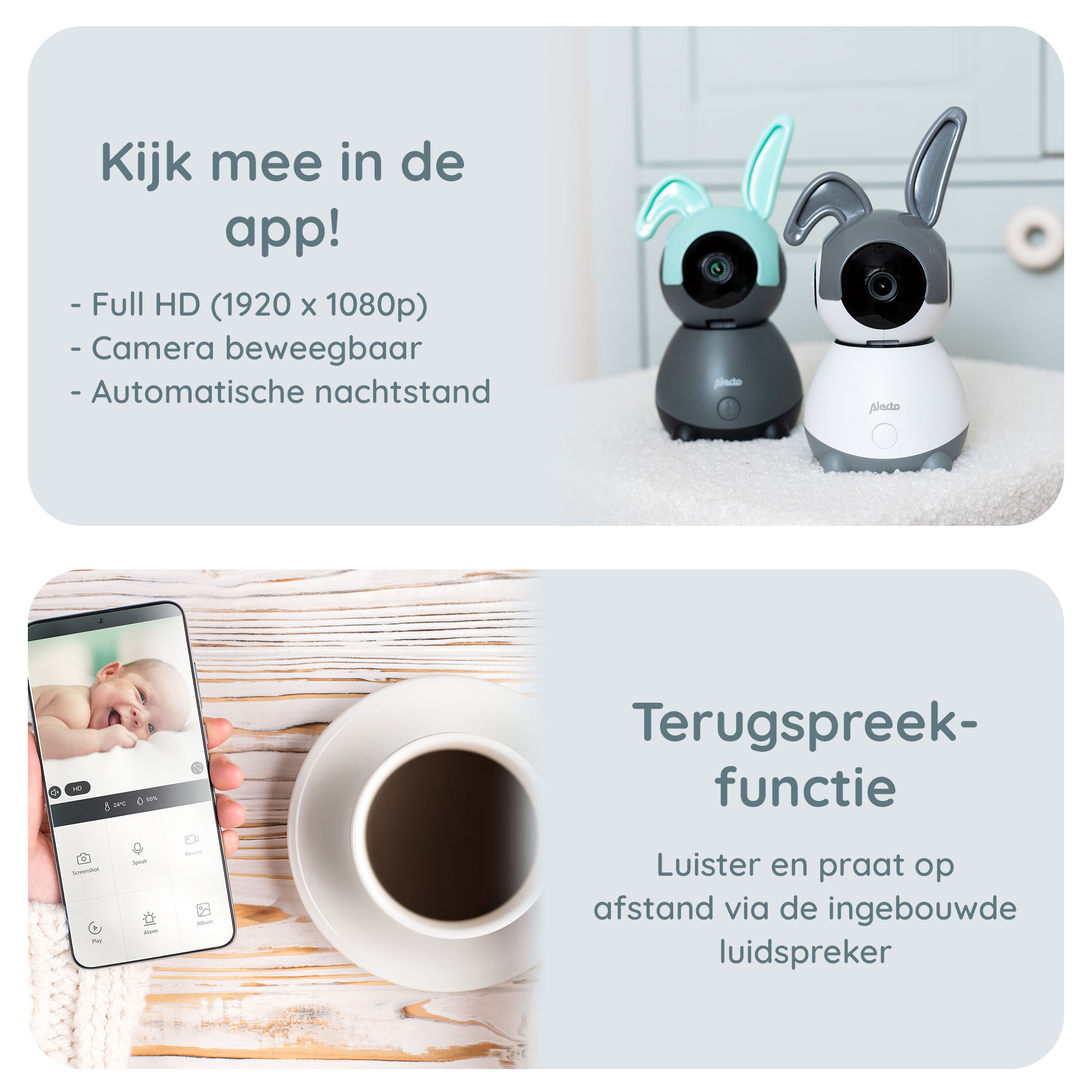 Two baby monitors with bunny ears, and a person using app on phone.