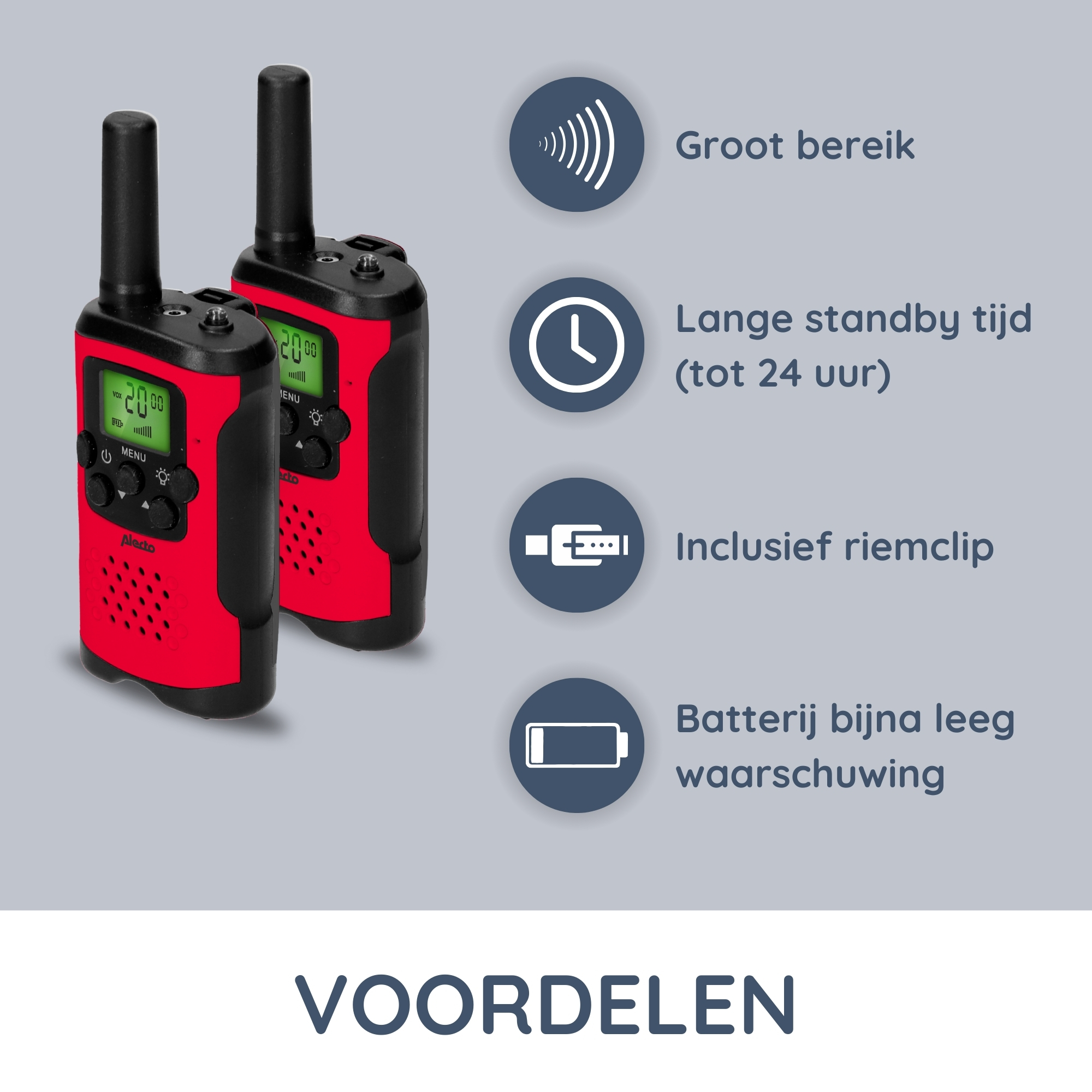 Two red walkie-talkies with black details. Text and icons on a blue background.