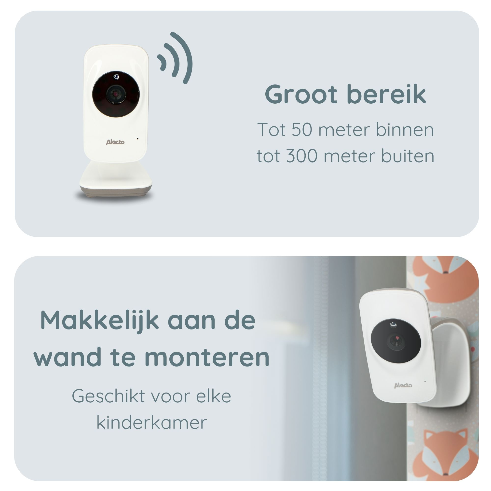 Babyphone mit weißer Basis und Kamera. Zeigt eine Nahaufnahme des Monitors.