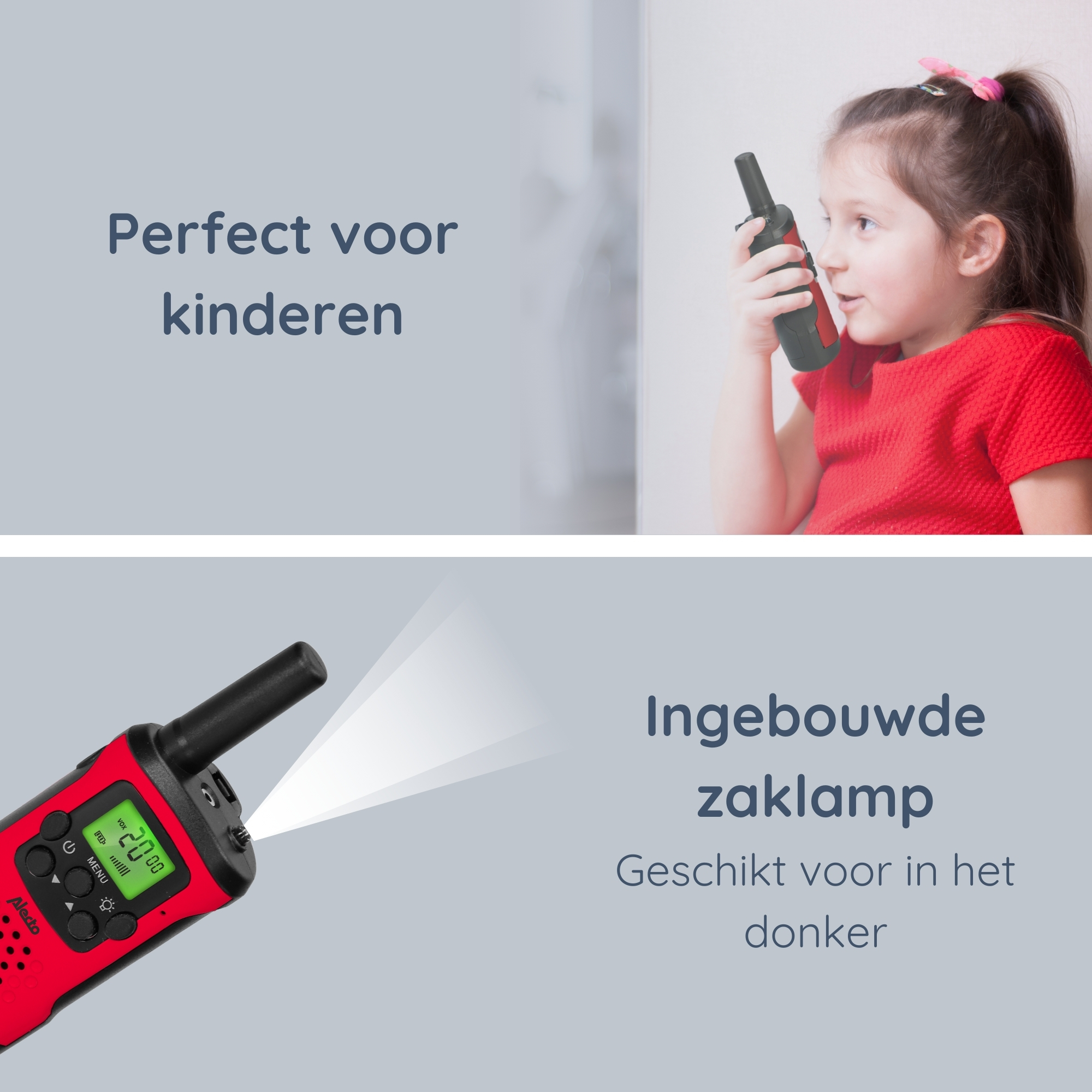 Girl talking into a red walkie-talkie. Another red walkie-talkie is in focus.