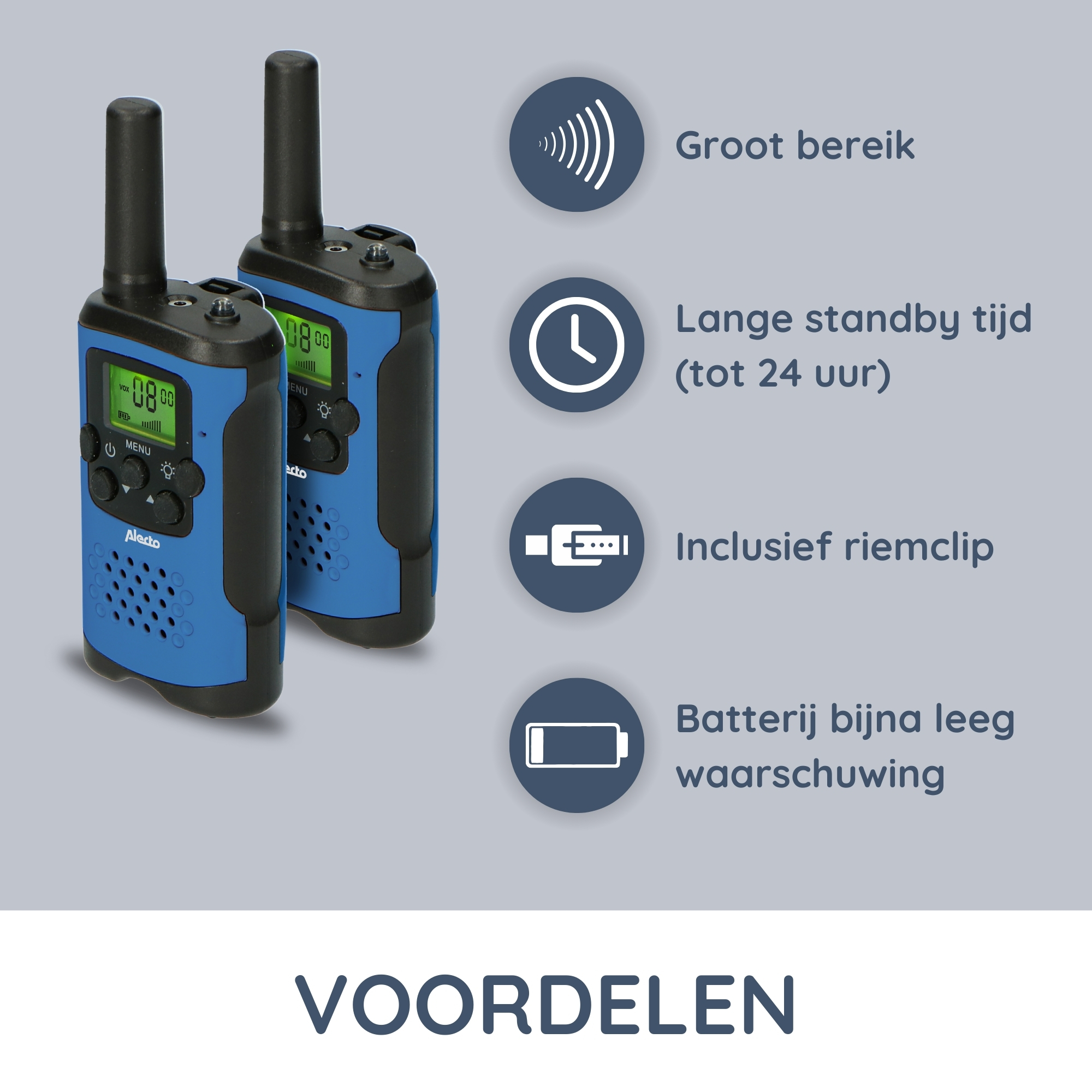 Twee blauwe walkie-talkies met iconen en tekst, blauwe achtergrond.