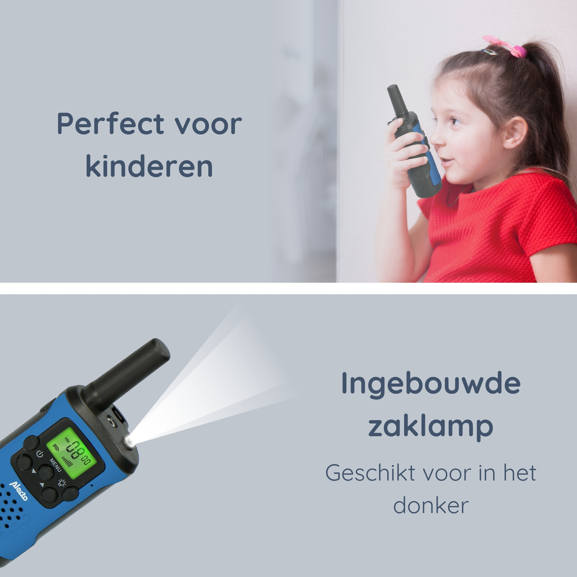 Een jong meisje gebruikt een blauwe walkie-talkie en kijkt omhoog. Een blauwe walkie-talkie met een lampje is links onderin te zien.